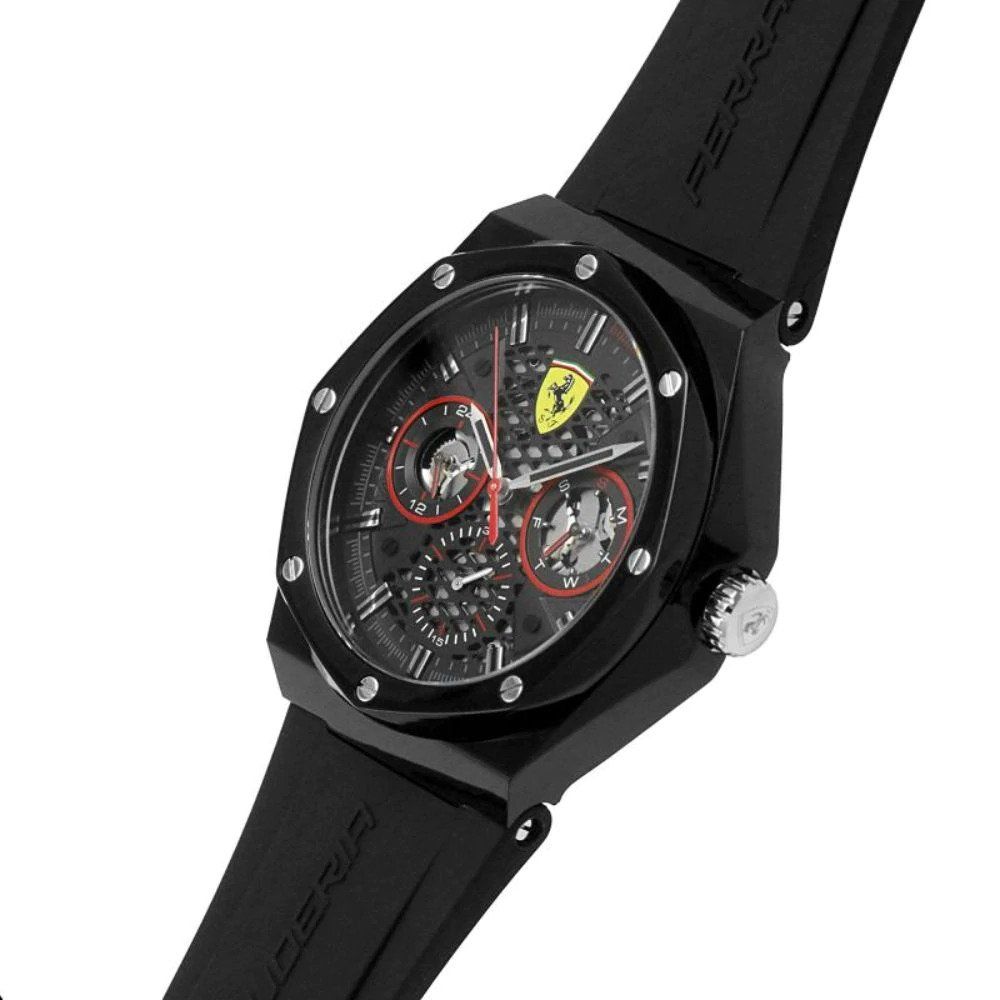 This Ferrari Aspire Multi Dial Watch for Men is the perfect timepiece to wear or to gift. It's Black 43 mm Round case combined with the comfortable Black Rubber watch band will ensure you enjoy this stunning timepiece without any compromise. Operated by a high quality Quartz movement and water resistant to 3 bars, your watch will keep ticking. Rubber watch band make it comfortable to wear and lead you to edge sport fashion. Perfect for both indoor and outdoor activities. -The watch has a calendar function: Day-Date, 24-hour Display High quality 21 cm length and 22 mm width Black Rubber strap with a Buckle Case diameter: 43 mm,case thickness: 11 mm, case colour: Black and dial colour: Black