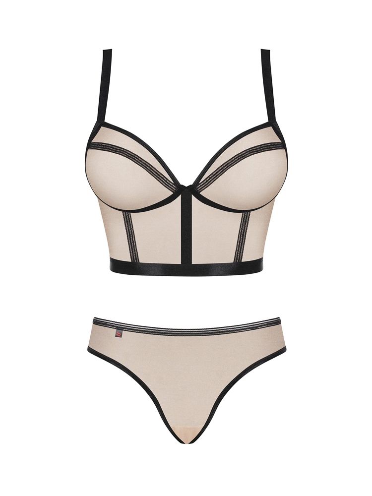 The Nudelia 2 piece set by Obsessive is subtly sexy, like nothing you have seen before. The fabric of this set glistens in the light, adding a super elegant touch to this already-elegant lingerie set. The non wired and non padded cups allows you to show off your natural shape, whilst the contrasting black stripes enphasises your breasts. Mid rise knickers.