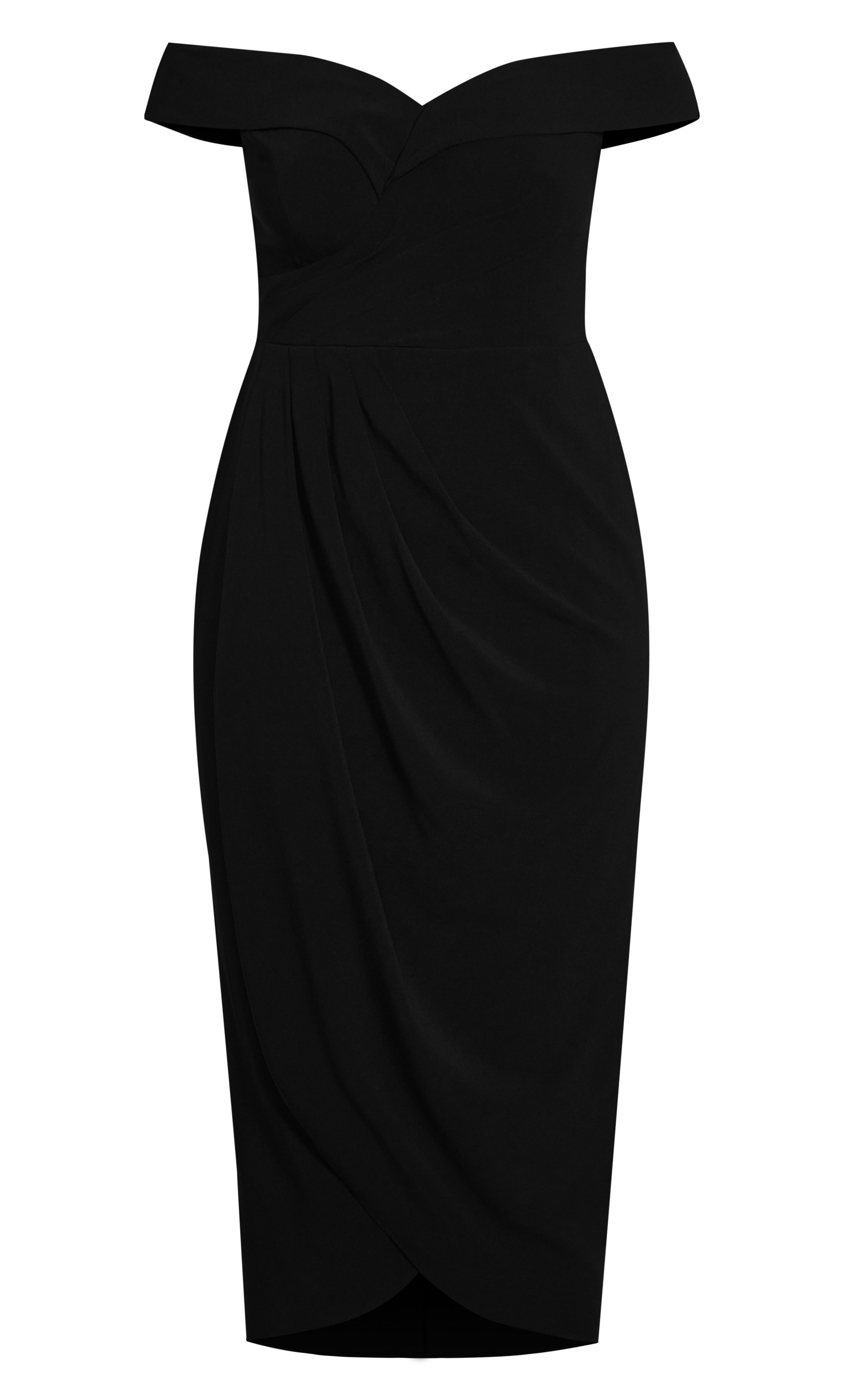 The all-black Ripple Love Dress offers a totally glam style that will ensure you always feel and look good at any special event. Perfected with a draped wrap-style silhouette and tulip hem, this cocktail dress is seriously sophisticated. Key Features Include: - Off shoulder V-neckline - Bust pleating above an empire line waist - Faux wrap skirt - Invisible zip closure - Flex fit elasticated shirring on sides for comfort - Soft woven fabrication - Fully lined - Tulip hemline Style this dress with a pair of strappy heels and a glitter pod clutch for a splash of shine!