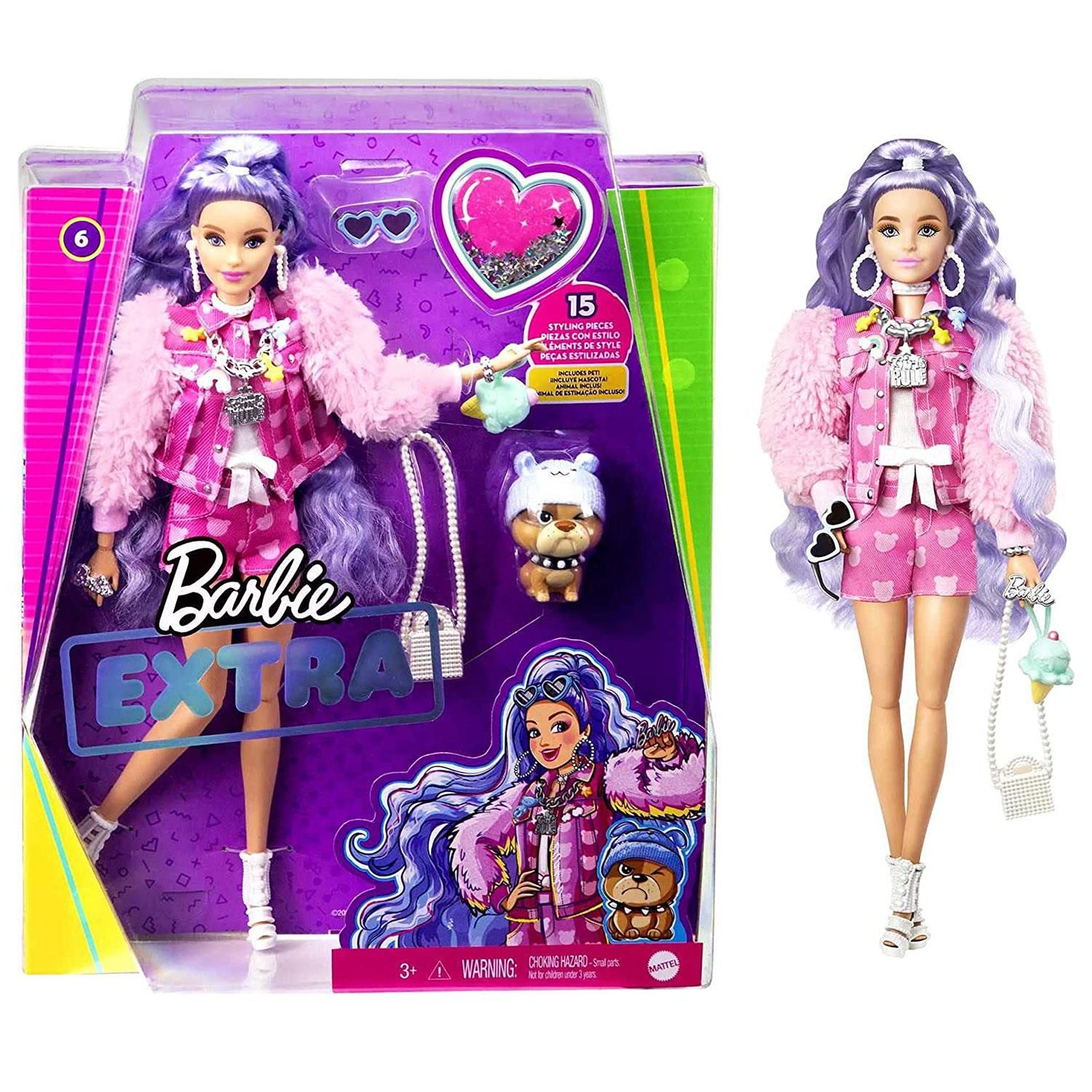 The Barbie Extra dolls blend bright colors with trendy fashions, making big statements! Each Barbie doll rocks a unique playful style, and each doll toy comes with an adorable pet, full of personality!

Barbie Extra dolls bring the 