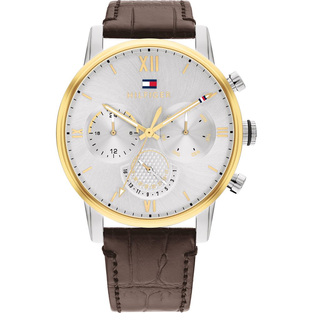 This Tommy Hilfiger Sullivan Multi Dial Watch for Men is the perfect timepiece to wear or to gift. It's Multicolour 44 mm Round case combined with the comfortable Brown Leather watch band will ensure you enjoy this stunning timepiece without any compromise. Operated by a high quality Quartz movement and water resistant to 5 bars, your watch will keep ticking. Get all the comfort with this fashionable croco-embossed leather band, perfect for every occasion  -The watch has a calendar function: Day-Date, 24-hour Display High quality 21 cm length and 22 mm width Brown Leather strap with a Buckle Case diameter: 44 mm,case thickness: 11 mm, case colour: Multicolour and dial colour: Silver