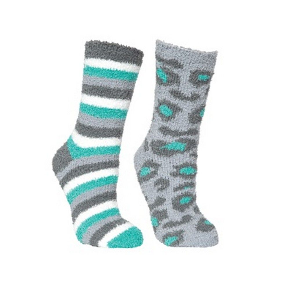Womens tube socks. 2 pairs per pack. Fluffy, soft material. Heart print / Stripe print. 95% Polyester / 5% Spandex.
