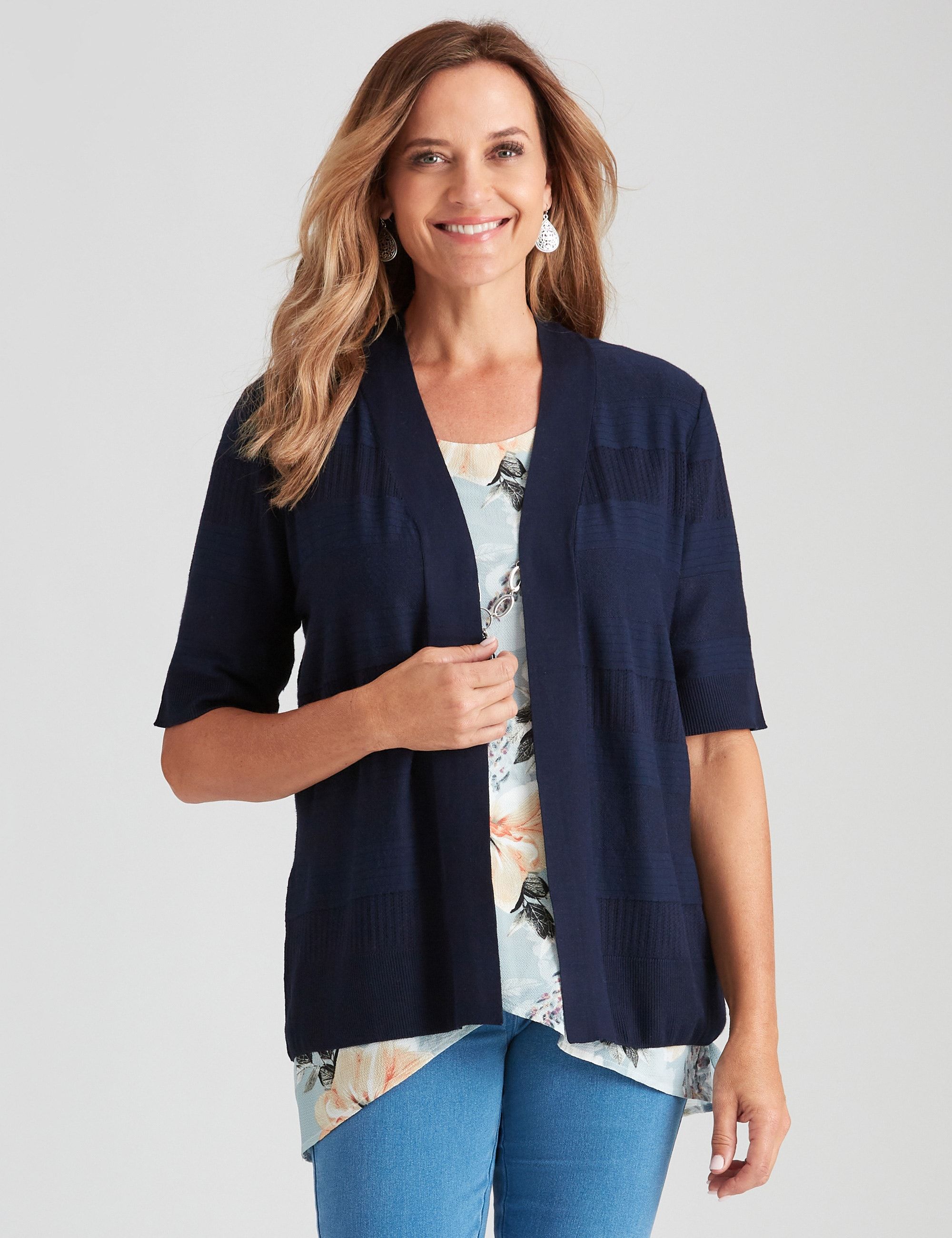 Womens Millers Elbow Sleeve Pointelle Stripe Cardigan