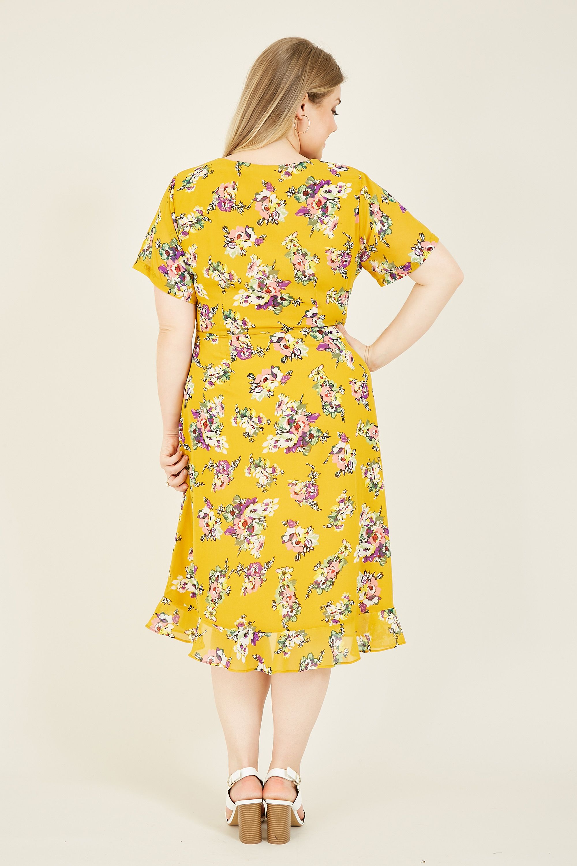 Yumi Curve Yellow Floral Wrap Frill Dress