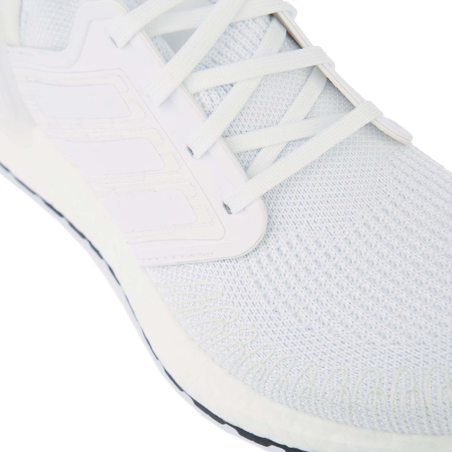 Womans adidas Ultraboost 20 Running Shoes in white.- adidas Primeknit+ textile upper.- Lace closure.- Tailored Fibre Placement locked-in fit.- High-performance running shoes.- Responsive Boost midsole.- Soft  comfortable elastane heel.- Stretchweb outsole with Continental™ Rubber.- Ref.: EG0713