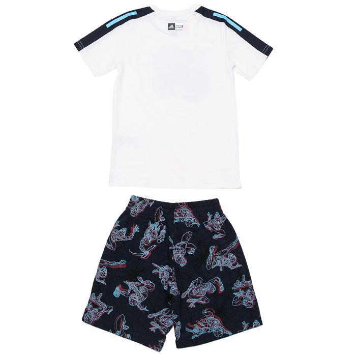 Infant Boys adidas Spider-Man Summer Set in white - navy.T- Shirt:- Ribbed crewneck.- Short sleeves.- Spider-Man graphics.- Regular fit.- Main material: 100% Cotton.  Machine washable.Shorts: - Elastic waist with drawcord.- Two side pockets.- adidas logo at left thigh. - Main material: 70% Cotton  30% Polyester (Recycled).  Machine washable. - Ref: GD3718I
