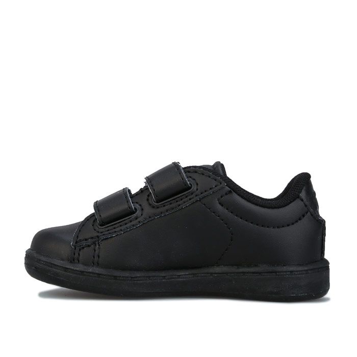 Infant Boys Lacoste Carnaby Evo Trainers in black.-  Hook and loop fastening.- Cushioned Ortholite® insole.- Lightly padded collar.- Striped heel strip.- Branding to heel  side and tongue.- Synthetic Upper  Textile Lining  Synthetic Sole.- Ref: 737SUI001302H