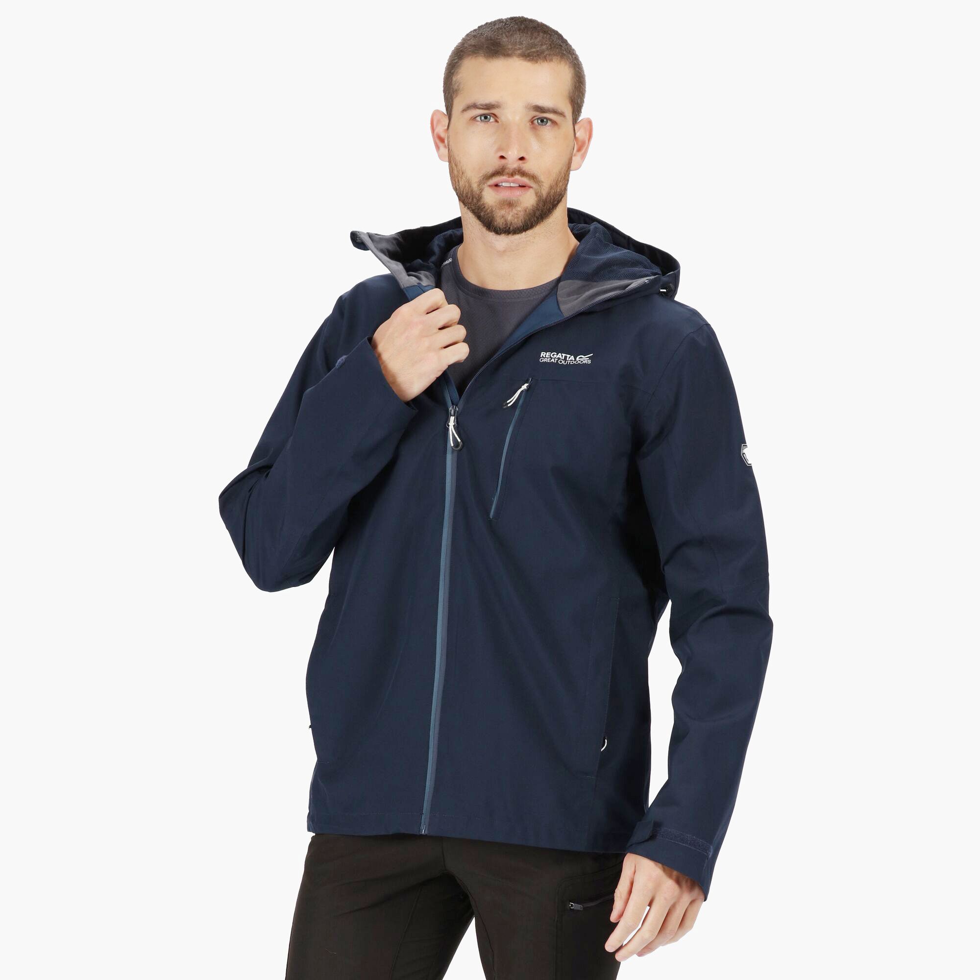 Waterproof hooded jacket with grown on technical hood with adjusters. Hi-tech water repellent centre front zip with inner zip and chin guard. Ideal for wet weather. 100% polyester. Hand wash.
