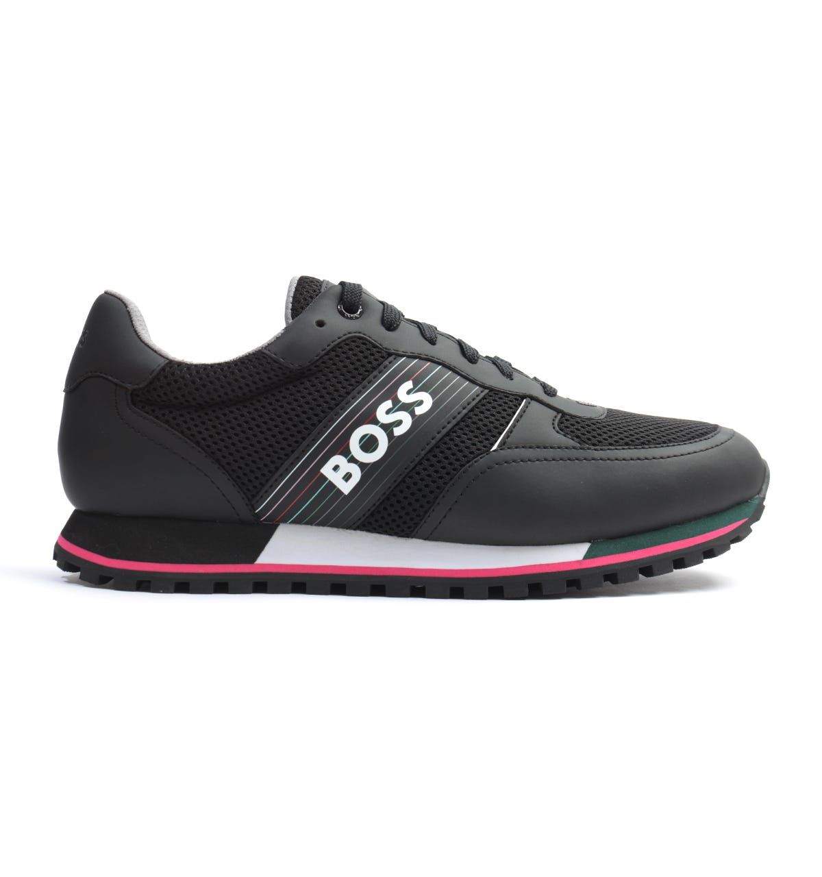 BOSS offers up a fresh new design for this season. These trend-driven trainers are constructed from a mix of nylon, leather and suede and a lightweight rubber sole, meant to take you distances. The contemporary design keeps a stylish look with the mesh panelling to the upper and contrast detailing. Featuring a memory-foam insole for optimum comfort. The look is completed with a seasonal stripe logo and further branding to the heel, tongue and sole.Nylon, Leather & Suede Upper, Mesh Panelling, Textile Lining, Ortholite Memory Foam Insole, EVA Rubber Sole, Seven Eyelet Lace Up, Signature Stripe Detailing, BOSS Branding.