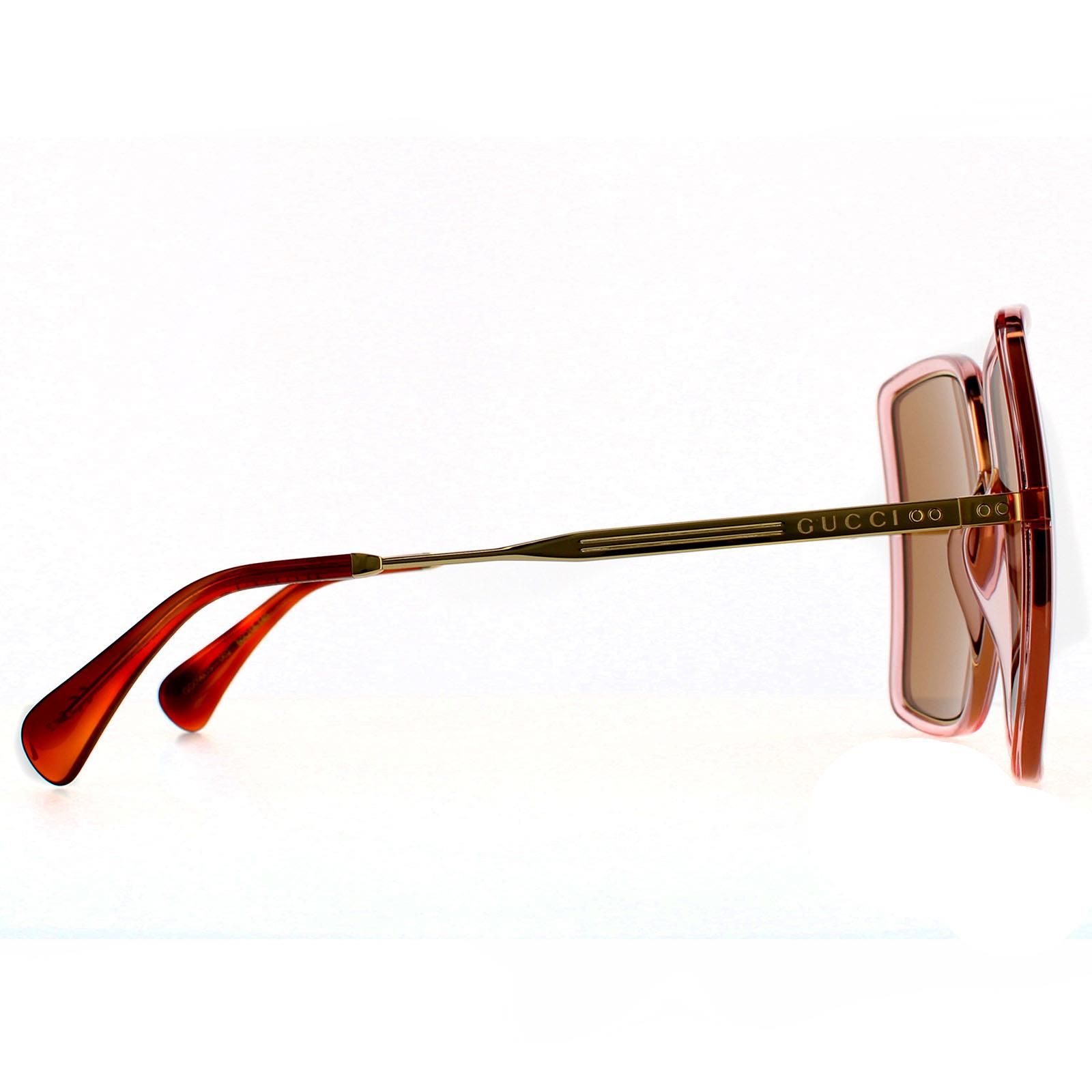 Gucci Square Womens Pink Crystal and Gold  Brown Sunglasses Gucci have super oversized square lenses with plastic rims and contrasting slim metal temples and bridge. Stripes are engraved into the  metal, as well as the Gucci logo on the temples.