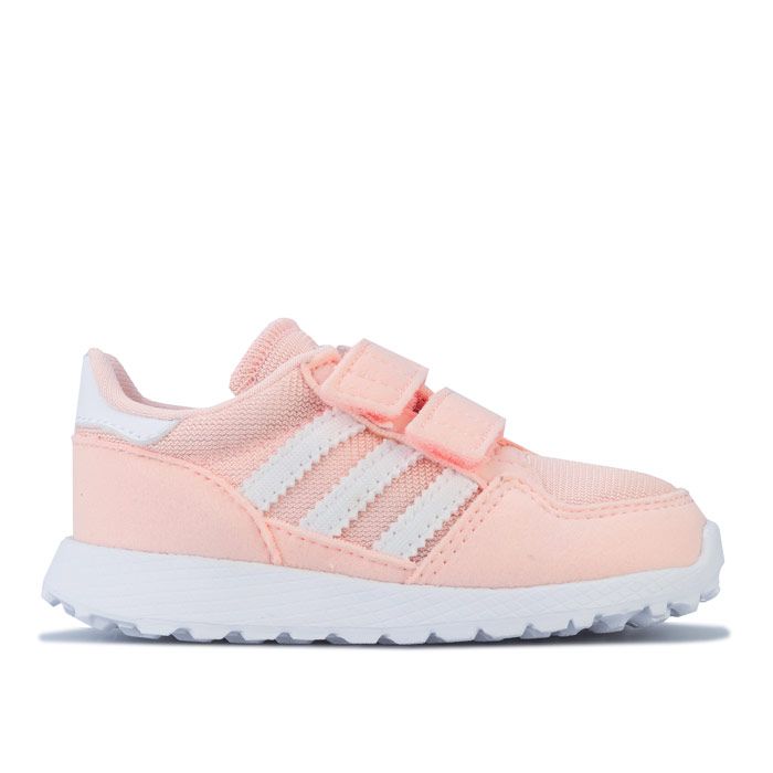 Infant Girls adidas Originals Forest Grove Trainers in clear Orange - footwear White. – Retro running-inspired sneakers. – Synthetic suede and nylon upper. – Double hook and loop closure for easy on-off. – Lightly padded collar and tongue. – Contrast 3-Stripes to sides. – Welded adidas Originals logo to tongue. – Contrast heel tab with printed Trefoil branding. – Removable Ortholite sockliner for comfort and odour control. – Lightweight EVA midsole with diamond foxing. – Rubber outsole. – Textile and synthetic upper – Textile lining – Synthetic sole. – Ref: EE6589