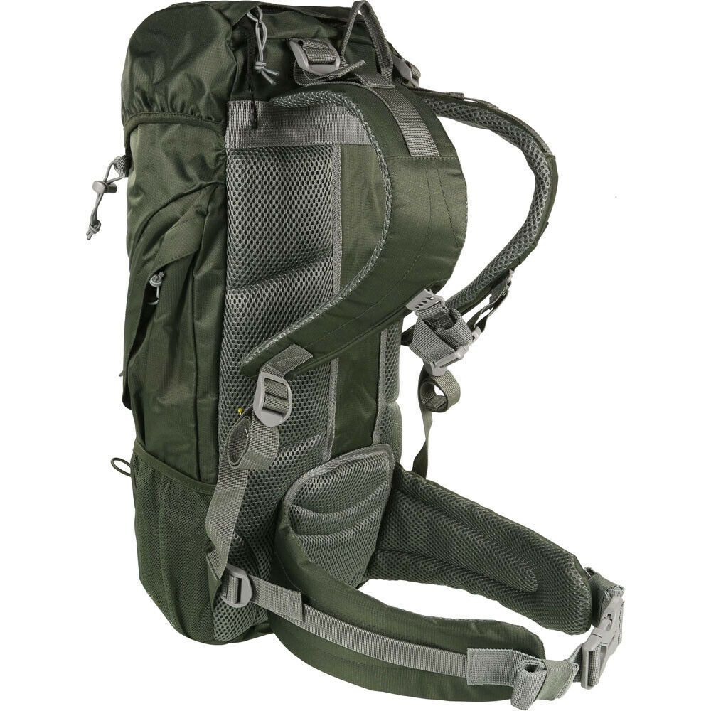 100% Polyester. Up to 35 litre capacity. Hardwearing 600D polyester ripstop. Versatile and durable. Zipped lid pocket. Air mesh back construction to allow ventilated airflow. Adjustable comfort fit padded air mesh hip belt. Adjustable sliding chest harness. Front bungee storage system. Integral bungee walking pole holders. 2 zipped side pockets. Side mesh water bottle pockets. Internal key clip. Easy grab zip pullers. Detachable raincover.