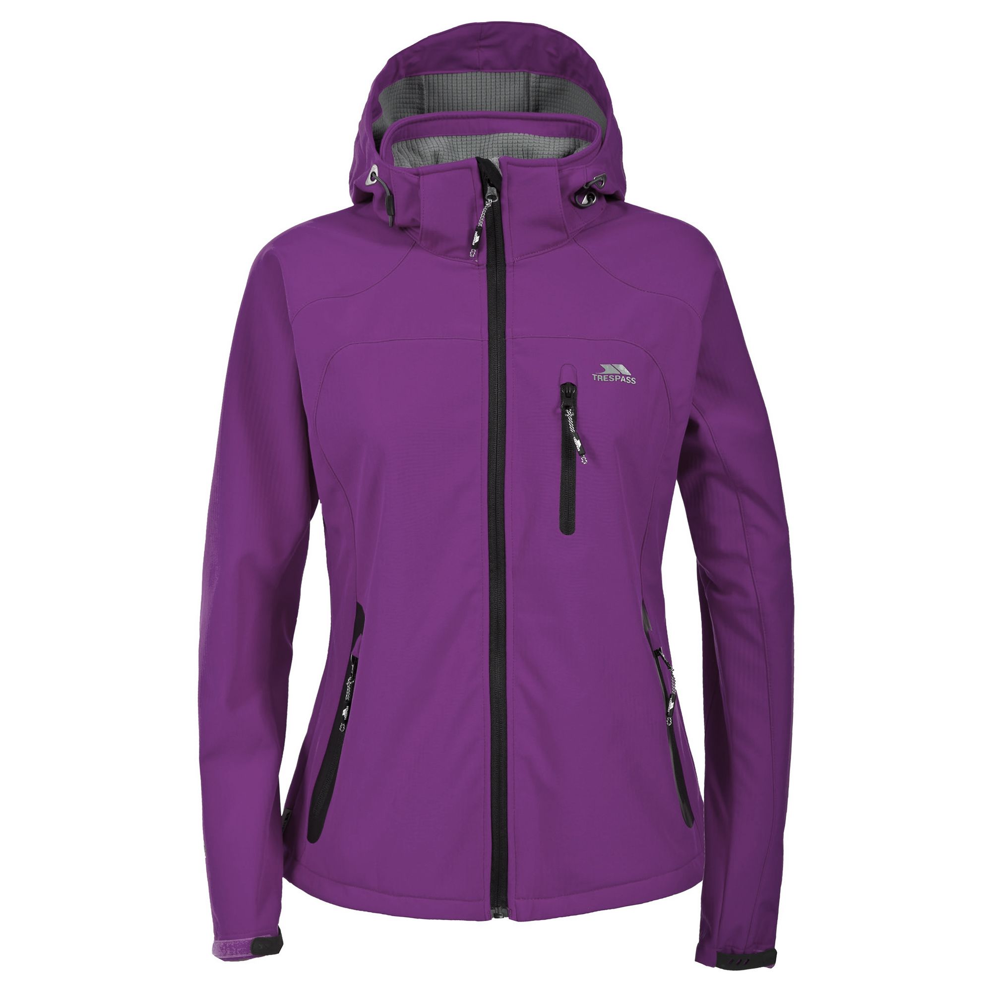 Ladies windproof softshell jacket. Water Resistant 8000mm and Breathable 3000mvp. Adjustable zip off hood. 3 low profile zip pockets. Flat cuff with touch fastening tab. Chin guard. Drawcord at hem. 94% Polyester, 6% Elastane.