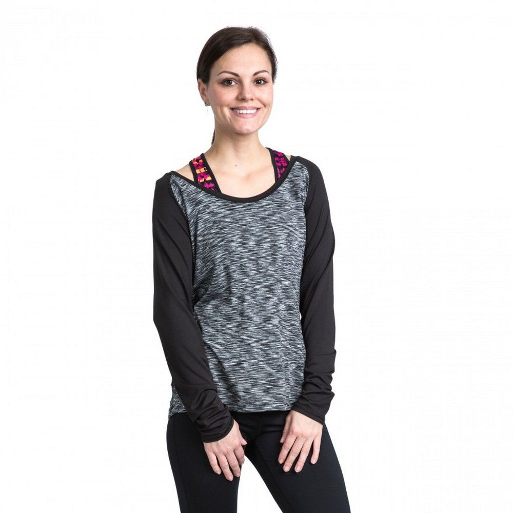 Long sleeve. Round neck. Contrast panels. Reflective printed logos. Contrast inner neck trim. Quick dry. 90% Polyester/10% Elastane. Trespass Womens Chest Sizing (approx): XS/8 - 32in/81cm, S/10 - 34in/86cm, M/12 - 36in/91.4cm, L/14 - 38in/96.5cm, XL/16 - 40in/101.5cm, XXL/18 - 42in/106.5cm.