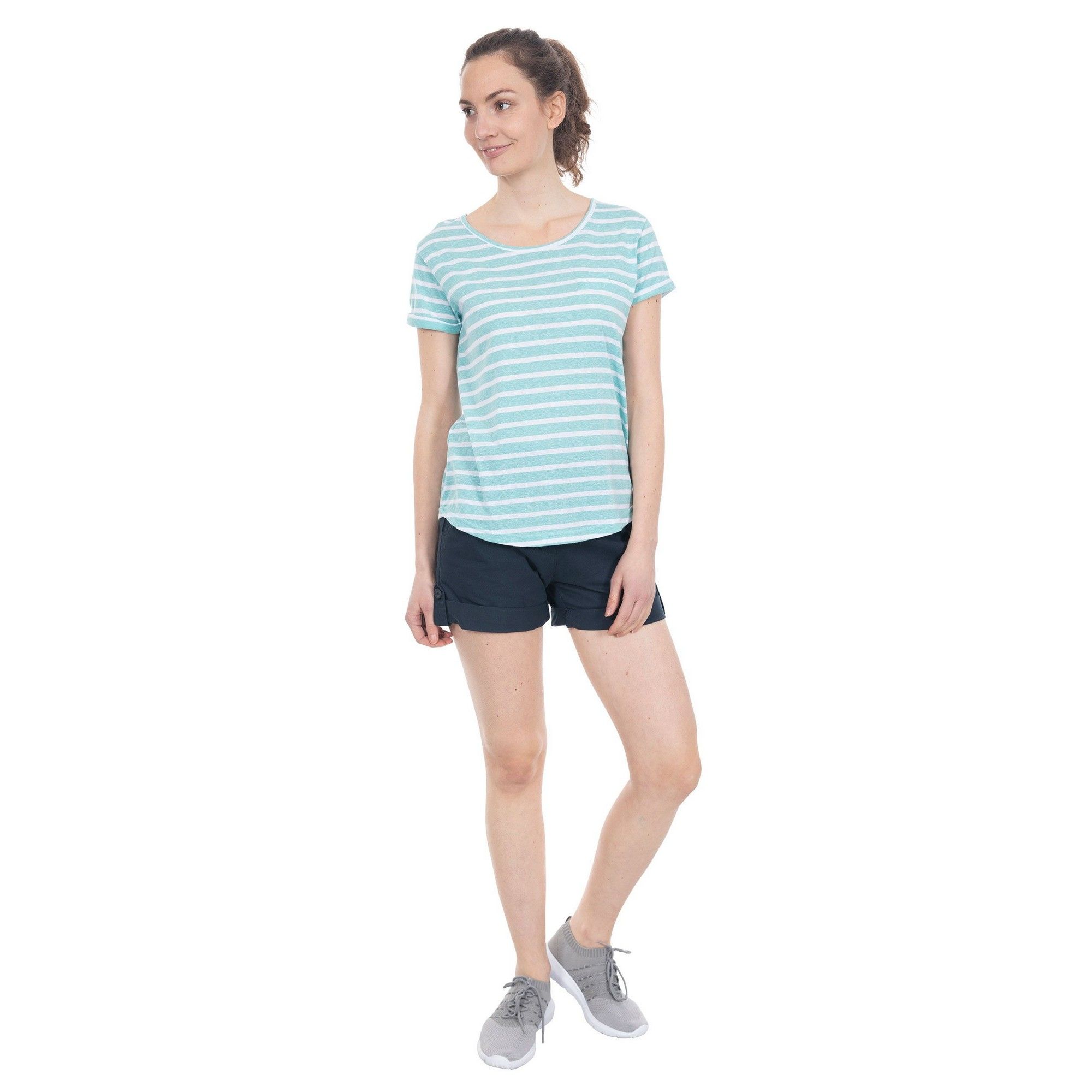 Short sleeved t-shirt with small mock welt pocket. Sleeve hem turn up. Curved hem shape. 50% polyester, 38% cotton, 12% viscose. Trespass Womens Chest Sizing (approx): XS/8 - 32in/81cm, S/10 - 34in/86cm, M/12 - 36in/91.4cm, L/14 - 38in/96.5cm, XL/16 - 40in/101.5cm, XXL/18 - 42in/106.5cm.