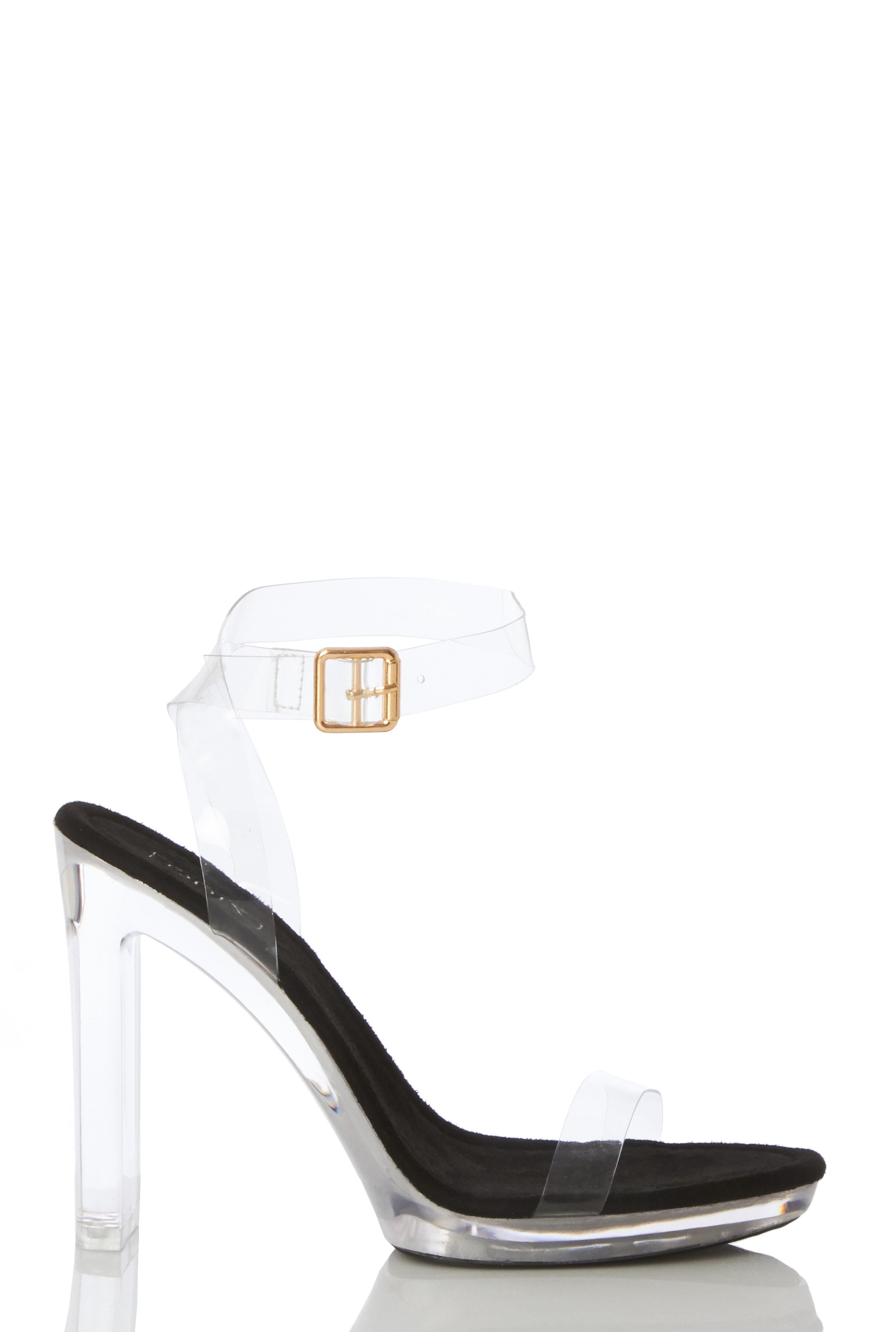 - Clear straps  - Buckle fasten  - Clear block heel  - Sandal style   - Heel height: 4.5