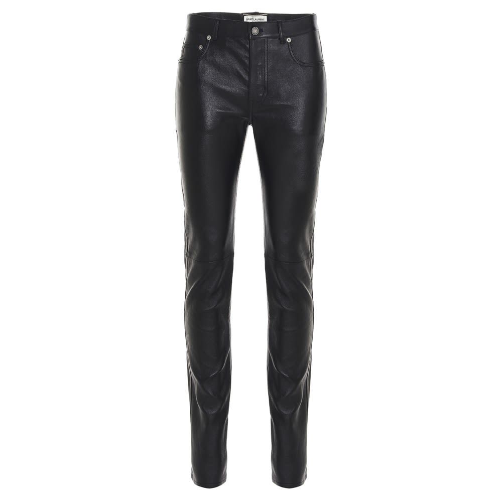 Santin Laurent skinny fit leather pants with a zip and button closure.