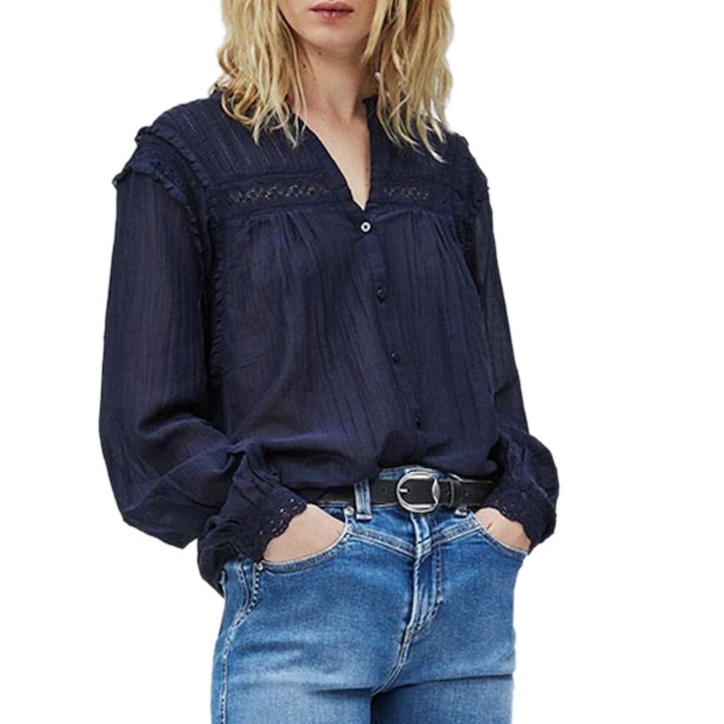 Collection: Fall/Winter   Gender: Woman   Type: Shirt   Fastening: buttons   Sleeves: long   Neckline: V neck   Material: other fibres 28%, cotton 72%   Pattern: solid colour   Washing: hand wash   Model height, cm: 175   Model wears a size: S   Details: visible logo. print:solid. sleeves:long-sleeve. fit:regular. collar:mandarin. occasion:formal