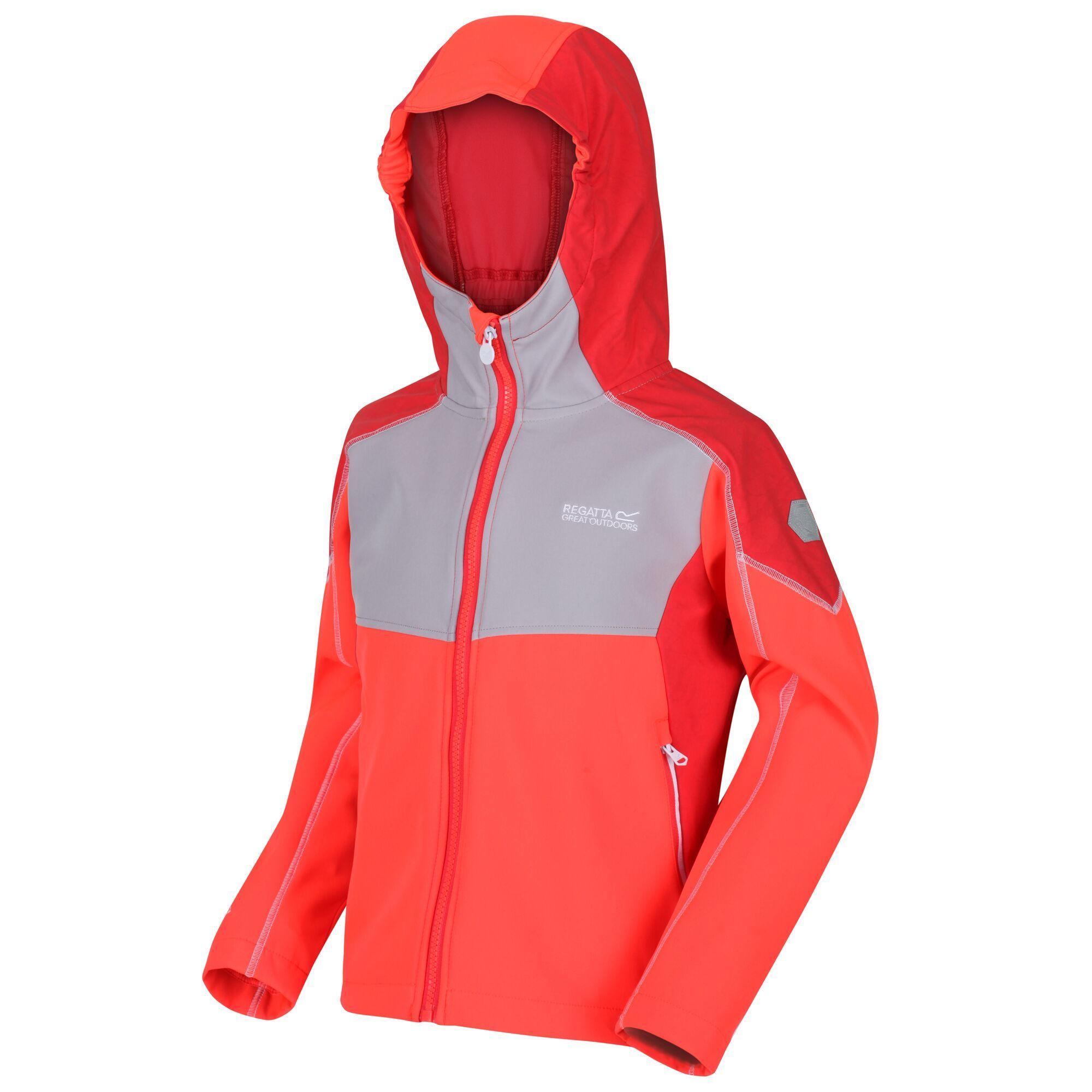 Material: 96% Polyester, 4% Elastane. Durable, water-repellent and lightweight softshell fabric jacket with elasticated hood. Highly reflective printed panels. Wind resistant. 2 zipped lower pockets.