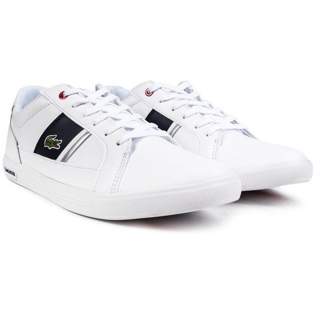Men's White Lacoste Europa Lace-up Court-style Trainers With Premium Leather Upper Featuring Embroidered Croc Logo And Side Stripe, Red Top Eyelet And Matching Branding To The Heel. These Iconic Sneakers Have A Textile Lining, Padded Ankle Collar, And Cupsole Rubber Sole With Red Stripe.