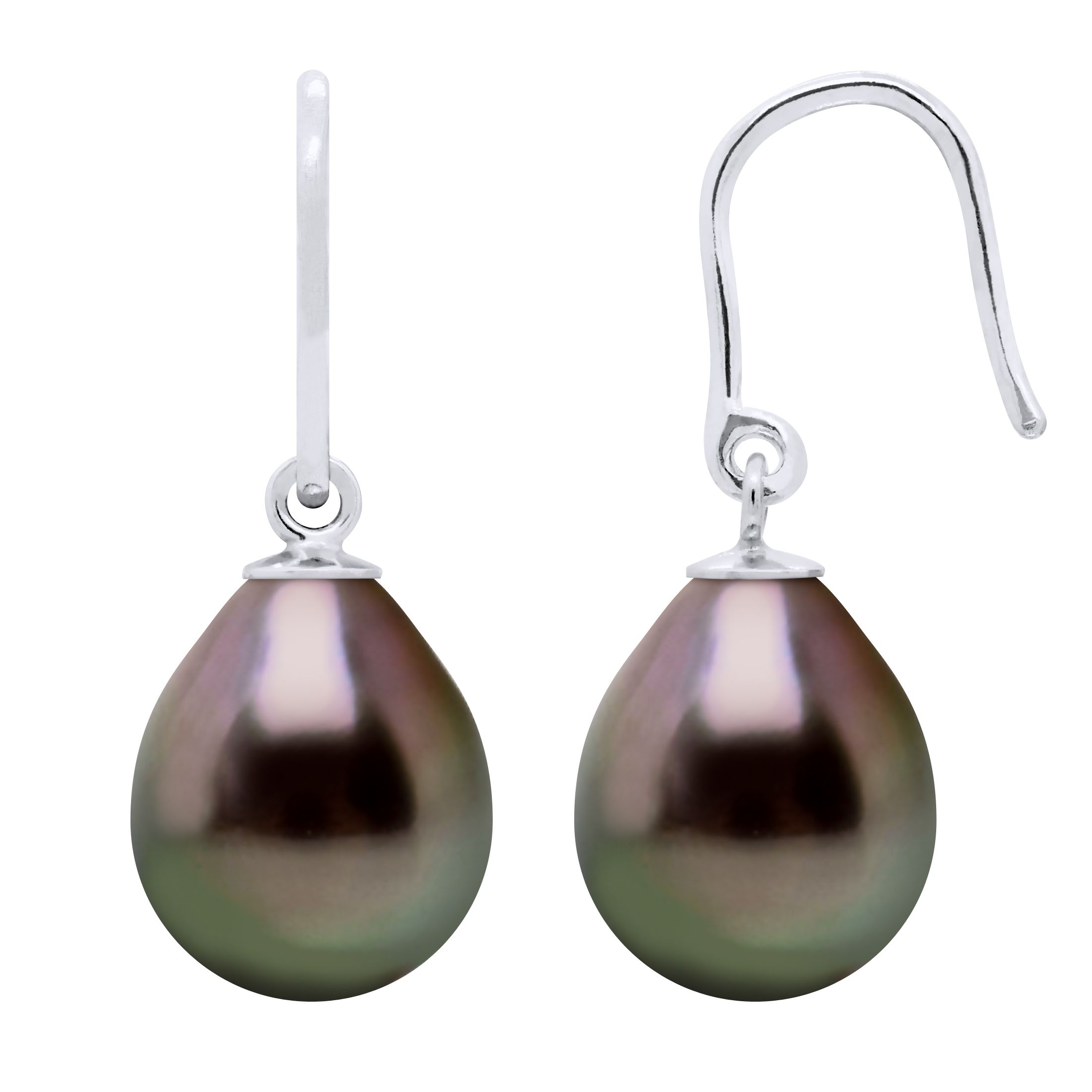 Earrings of 925 Sterling Silver and true Cultured Tahitian Pearl Pear Shape 9-10 mm - Hook system - Our jewellery is made in France and will be delivered in a gift box accompanied by a Certificate of Authenticity and International Warranty