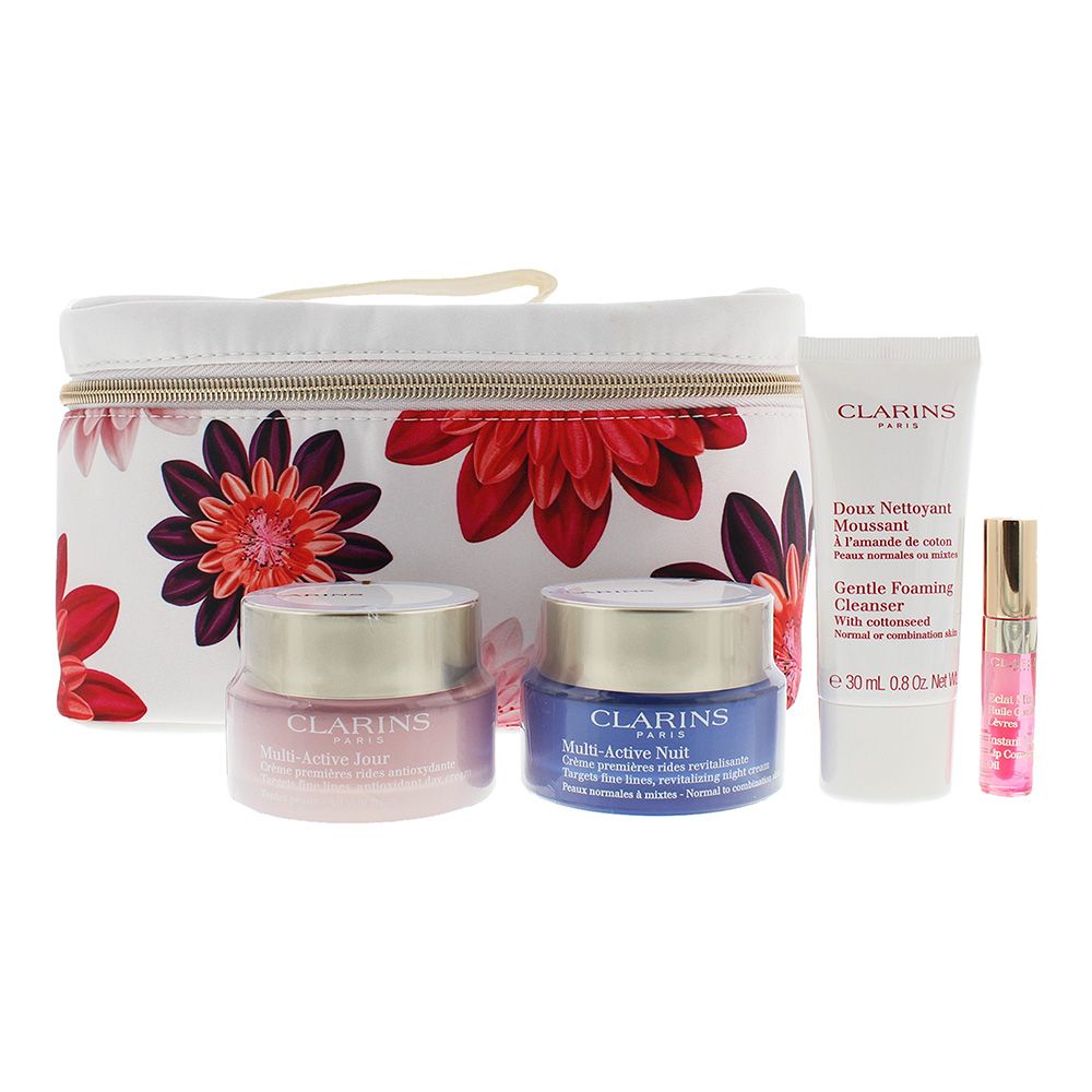 Clarins Multi-Active Luxury Collection 4 Piece Gift Set: Day Cream 50ml - Night Cream 50ml - Foaming Cleanser 30ml - Lip Oil 2.8ml 04 Candy