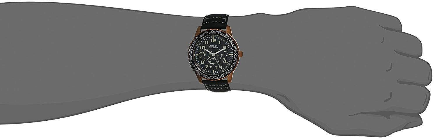 This Guess Pioneer Multi Dial Watch for Men is the perfect timepiece to wear or to gift. It's Rose gold 48 mm Round case combined with the comfortable Black Leather will ensure you enjoy this stunning timepiece without any compromise. Operated by a high quality Quartz movement and water resistant to 10 bars, your watch will keep ticking. Fashionable watch that is suitable for the daily life of every men -The watch has a calendar function: Day-Date, 24-hour Display, Luminous Hands High quality 21 cm length, 22 mm wide Black Leather strap with a Buckle Case diameter: 48 mm, Case height: 11 mm and Case color: Rose Gold Dial color: Black
