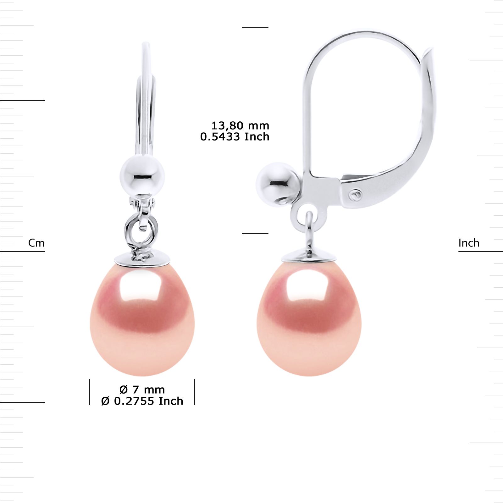 Earrings of 925 Sterling Silver and true Cultured Freshwater Pearls Pear Shape 7-8 mm - 0,31 in - Natural Pink Color and Break system -- Our jewellery is made in France and will be delivered in a gift box accompanied by a Certificate of Authenticity and International Warranty
