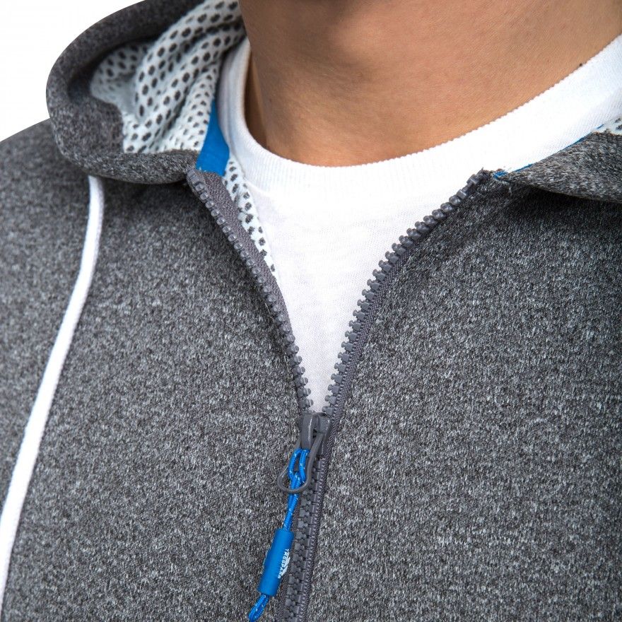 Jacquard fleece. Full zip. Adjustable grown on hood. Front pouch pockets. Ribbed cuffs and hem. Airtrap. 100% Polyester. Trespass Mens Chest Sizing (approx): S - 35-37in/89-94cm, M - 38-40in/96.5-101.5cm, L - 41-43in/104-109cm, XL - 44-46in/111.5-117cm, XXL - 46-48in/117-122cm, 3XL - 48-50in/122-127cm.