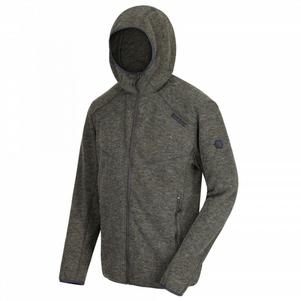 Mens hooded jacket made of 300gsm double side Polyester mix wool effect fabric. Grown on hood. 2 zipped lower pockets. Stretch binding to hood opening, cuffs, and hem. Ideal for wearing outdoors on a cold day. 13% Viscose/Rayon mix, 31% Acrylic, 56% Polyester.