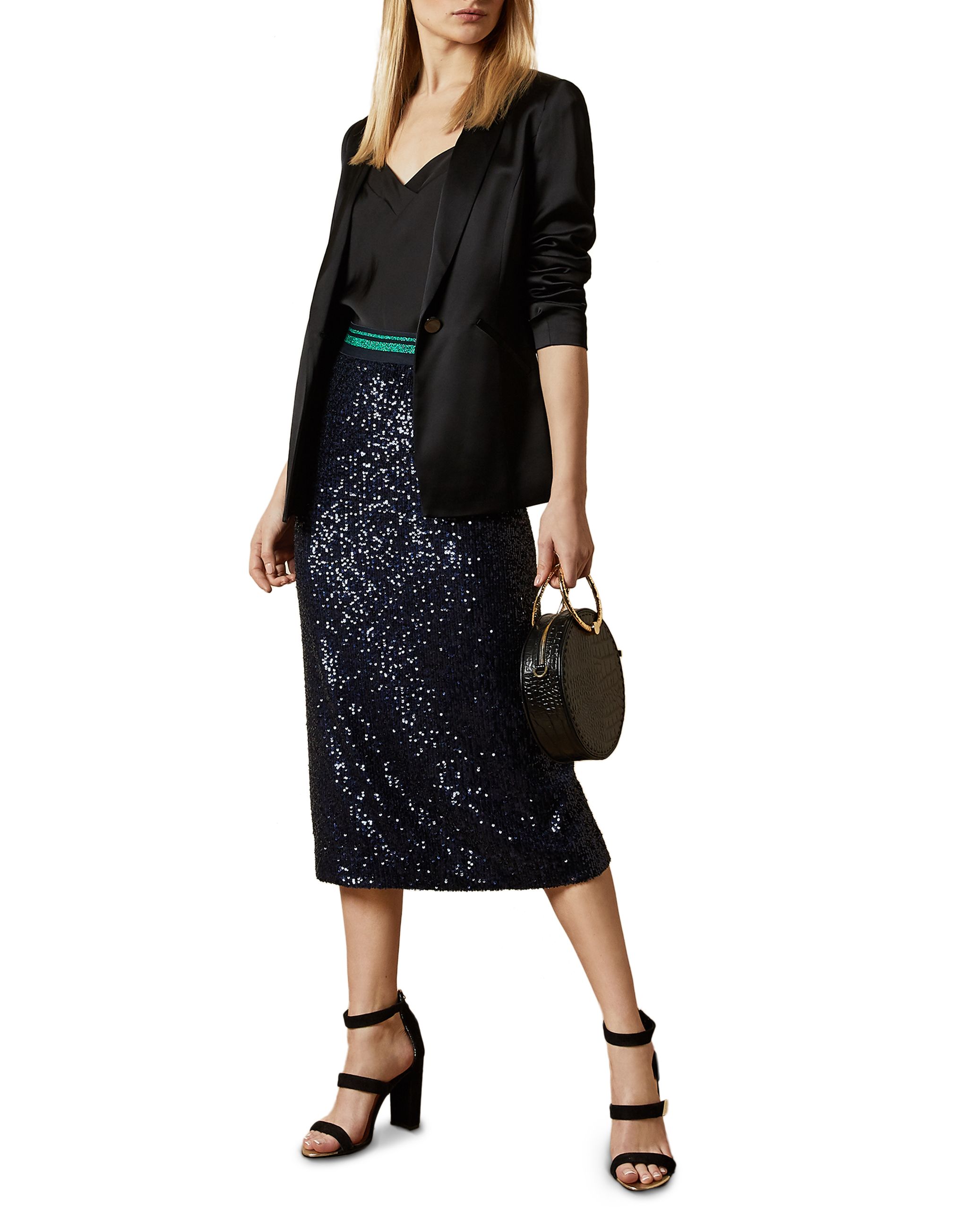 Ted Baker Anisa Sequin Skirt With Elastic Wasitband, Dark Blue