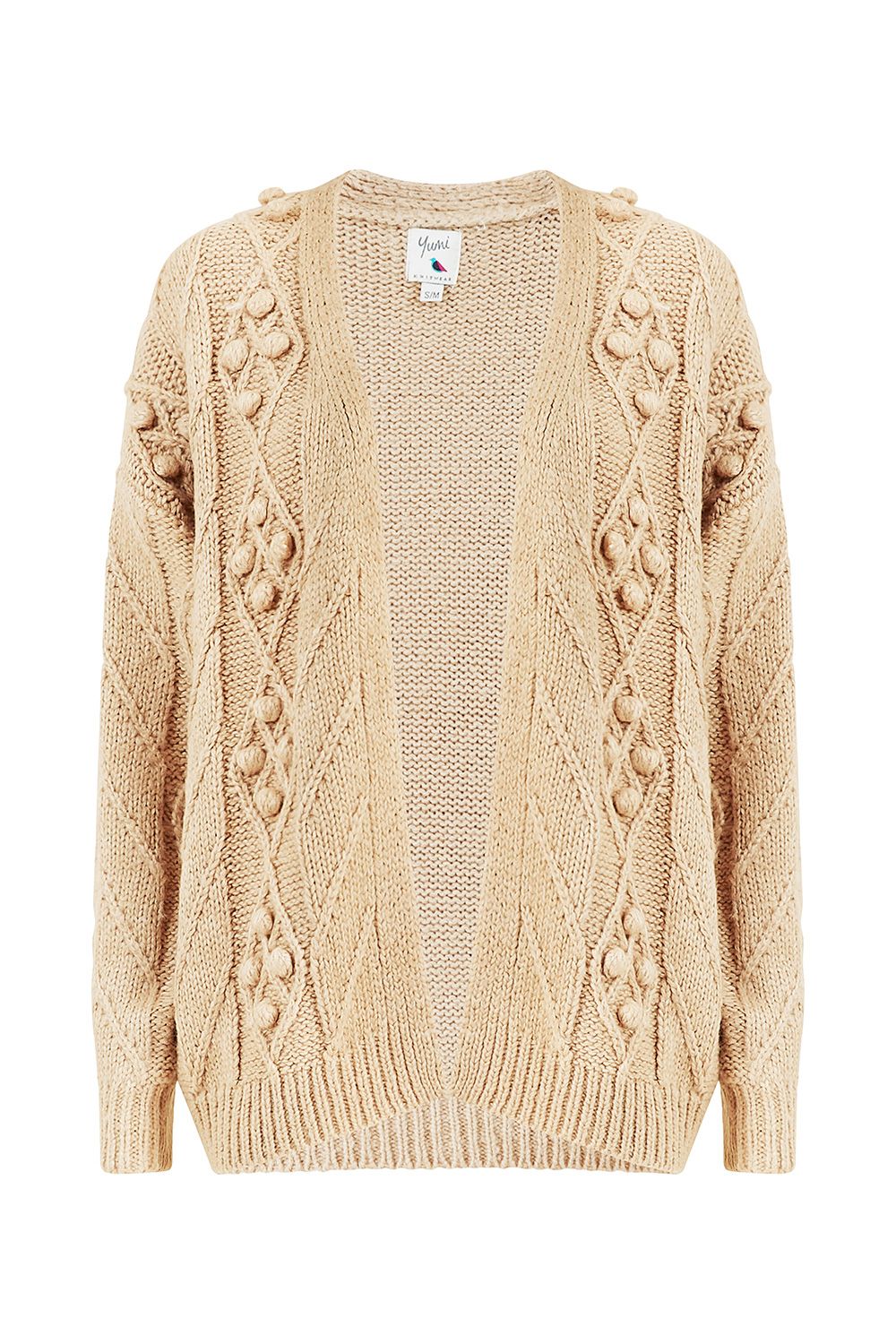 A classic cardigan with a twist, this Yumi Beige Pom Pom Knitted Cardigan will elevate your knitwear game. Look effortlessly cute in this playful cardigan with statement pompoms. With ribbed cuffs and hemline and a super soft, diamond pattern knit, this piece is the perfect neutral autumn essential.