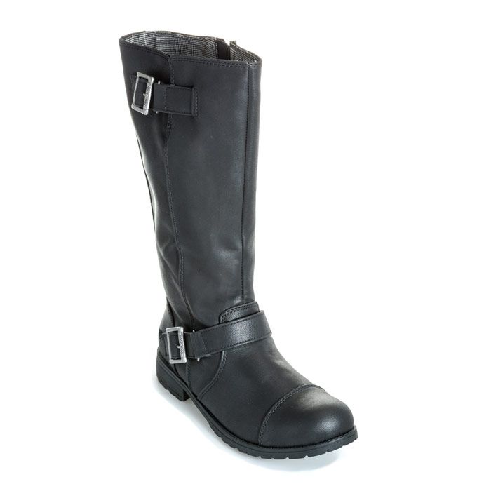Womens Rocket Dog Berry Lewis Boots in black.<BR><BR>- Faux leather mid-calf biker boots.<BR>- Round toe.<BR>- Inner zip fastening.<BR>- Decorative buckled strap detail to sides.<BR>- Toe cap.<BR>- Comfortable textile lining.<BR>- Chunky low heel.<BR>- Treaded sole.<BR>- Embroidered Rocket Dog logo to side.<BR>- Heel height 0.8in (2cm) approximately.<BR>- Boot height 12.4in (31.5cm) approximately.<BR>- Synthetic upper  Textile lining  Synthetic sole.     <BR>- Ref: BERRYLS<BR><BR>Measurements are intended for guidance only.