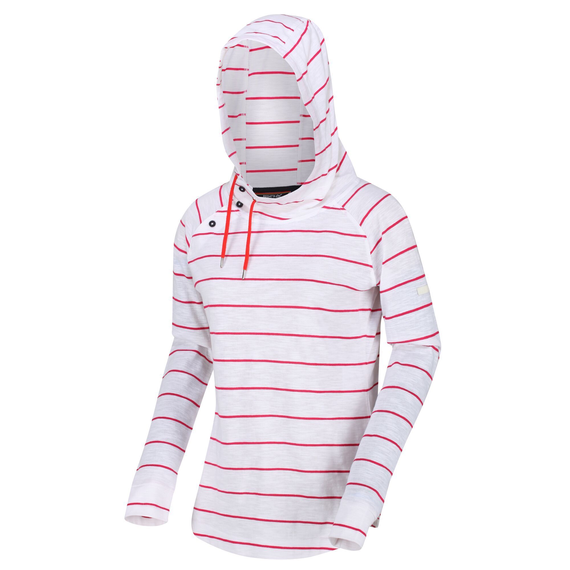 Material: 100% Polyester. Soft-wearing coolweave fabric hoodie with drawcord adjusters. Asymmetric button placket.