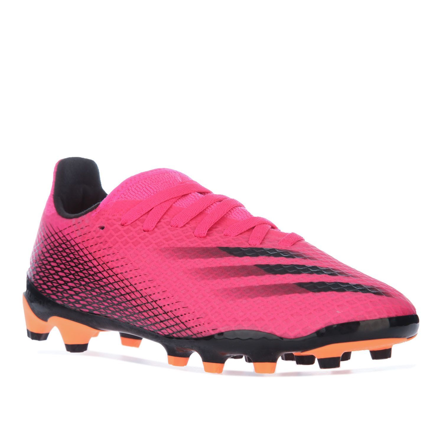 Junior Boys adidas X Ghosted.3 MG Football Boots in pink.- Lightweight Speedskin upper.- Lace fastening.- Stretch tongue for easy entry.- Lightly padded ankle.- TPU soleplate with moulded studs.- Lightweight EVA midsole.- Lightweight rubber outsole.- Textile and synthetic upper  Textile lining  Synthetic sole.  - Ref: FY1093