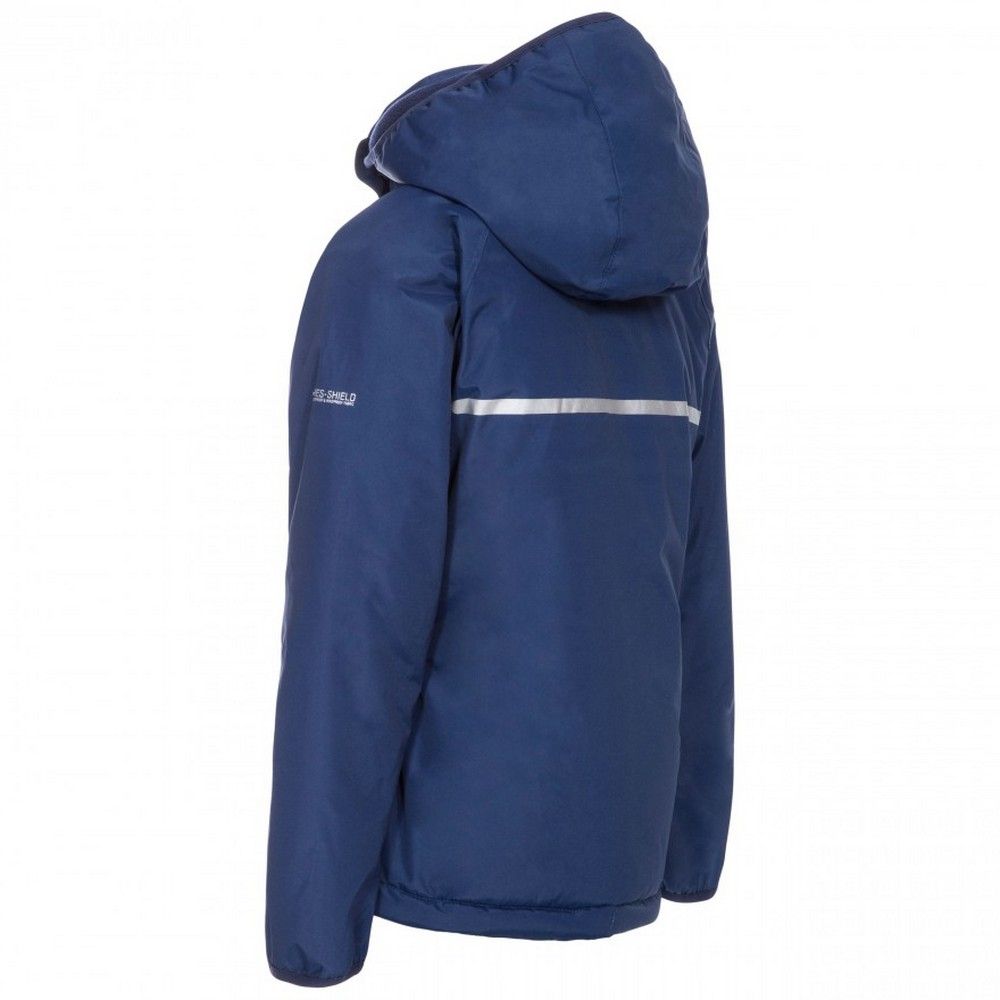 Padded. Detachable stud off hood. 2 lower pockets. Binding at the hood and cuff. Reflective print on back. Waterproof 3000mm, windproof, taped seams. Shell: 100% Polyester, PVC coating, Lining: 100% Polyester, Filling: 100% Polyester. Trespass Childrens Chest Sizing (approx): 2/3 Years - 21in/53cm, 3/4 Years - 22in/56cm, 5/6 Years - 24in/61cm, 7/8 Years - 26in/66cm, 9/10 Years - 28in/71cm, 11/12 Years - 31in/79cm.