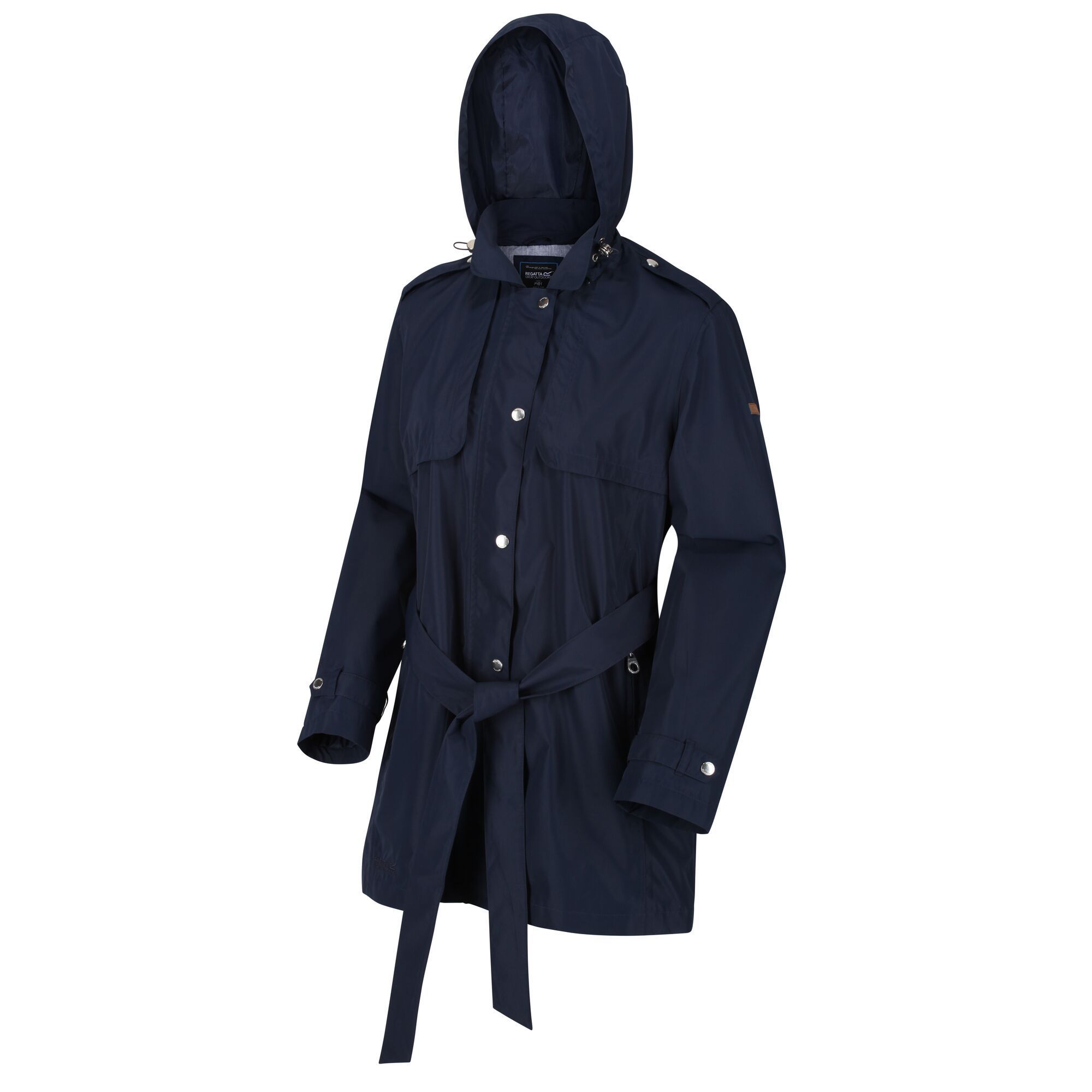 Material: 100% polyester. Breathability rating 5,000g/m2/24hrs. Durable water repellent finish. Taped seams. Polyester taffeta lining. Cotton chambray with polka dot print trim. Internal security pocket. Zip off hood with adjusters and turn down collar. Tie belt at waist. 2 zipped lower pockets.