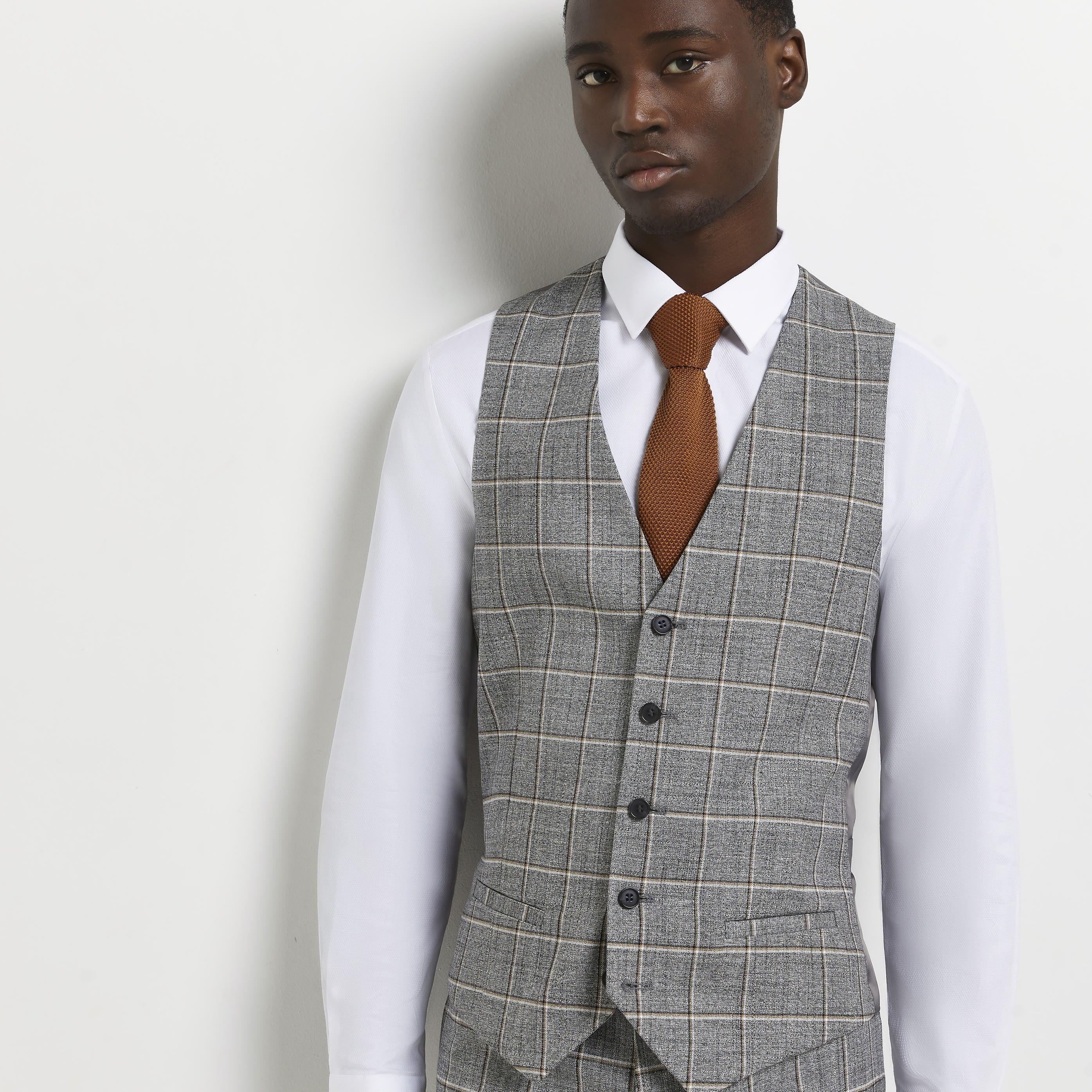 River Island Mens Waistcoat Grey SB5 Grid Check