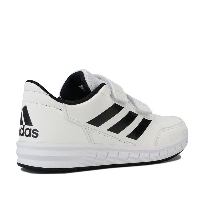 Children Boys adidas AltaSport Trainers in cloud White - core Black. – Synthetic leather upper with mesh tongue. – Double hook and loop closure for easy on-off. – Padded collar and tongue. – Contrast 3-Stripes to sides. – Contrast adidas branding at back heel. – Removable EcoOrthoLite® sockliner for comfort and odour control. – Non-marking rubber cupsole. – Synthetic and textile upper – Textile lining – Synthetic sole. – Ref: D96830