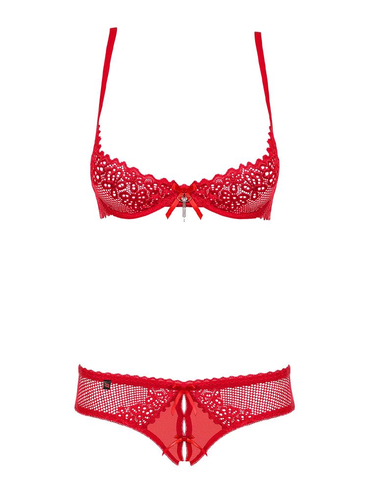 This lingerie set is a mixture of 3 things…sexy,comfy and subtle. The Alabastra set features a half cup bra and crotchless knickers, teasing your partner. The bra features underwired cups giving you uplift and support, emphasising your breasts. Low rise briefs enables you to show off your curves. Adjustable straps on the bra provides the perfect fit.