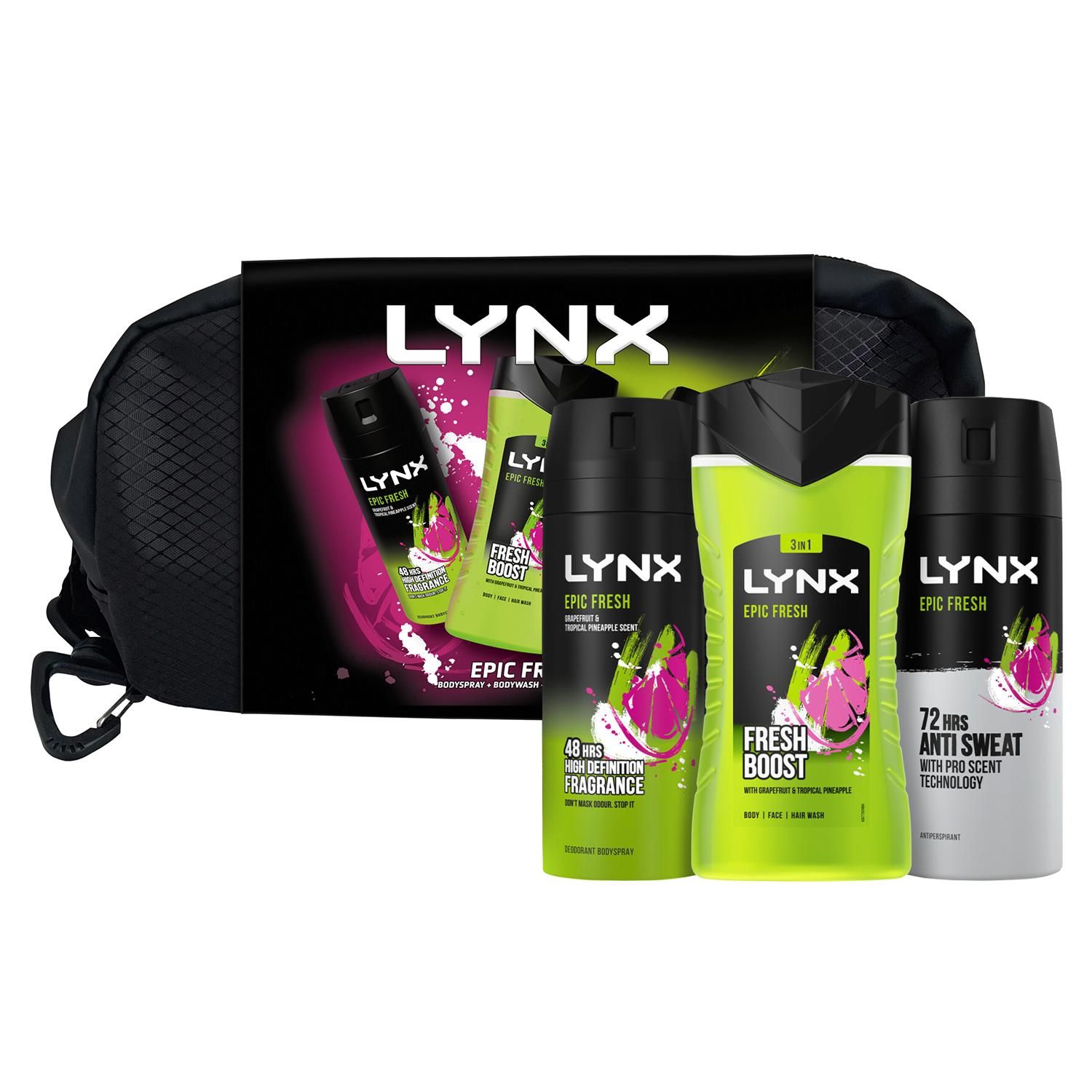 Lynx Epic Fresh Bodyspray, Bodywash & APA Trio Gift Set with washbag For Men