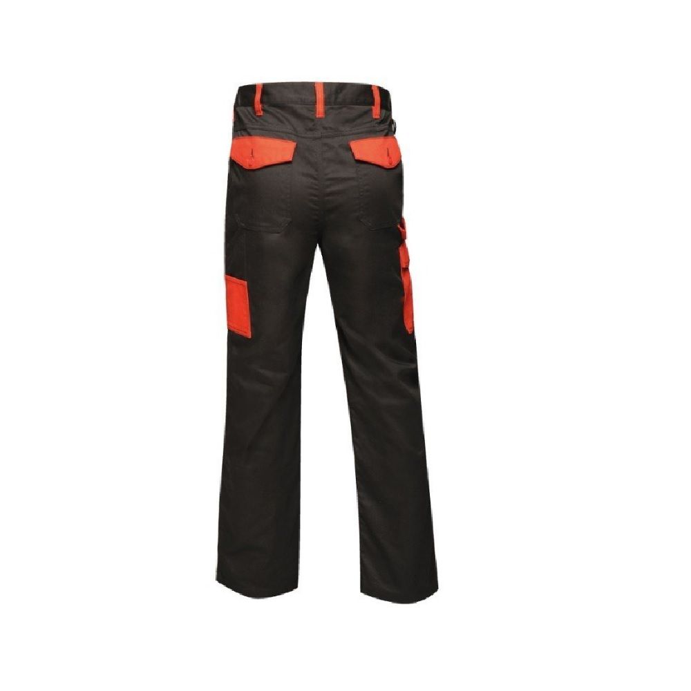 Cotton 35%, Polyester 65%. Durable water repellent finish. Part elasticated waist. Knee pad pockets. Zip fly opening. Metal Shank button to CF fasten. 2 Front pockets 1 side cargo pocket button fasten, 2 rear pockets. Side leg Ruler pocket. D-ring attachment. Hammer Loop. Reinforced crotch seam.