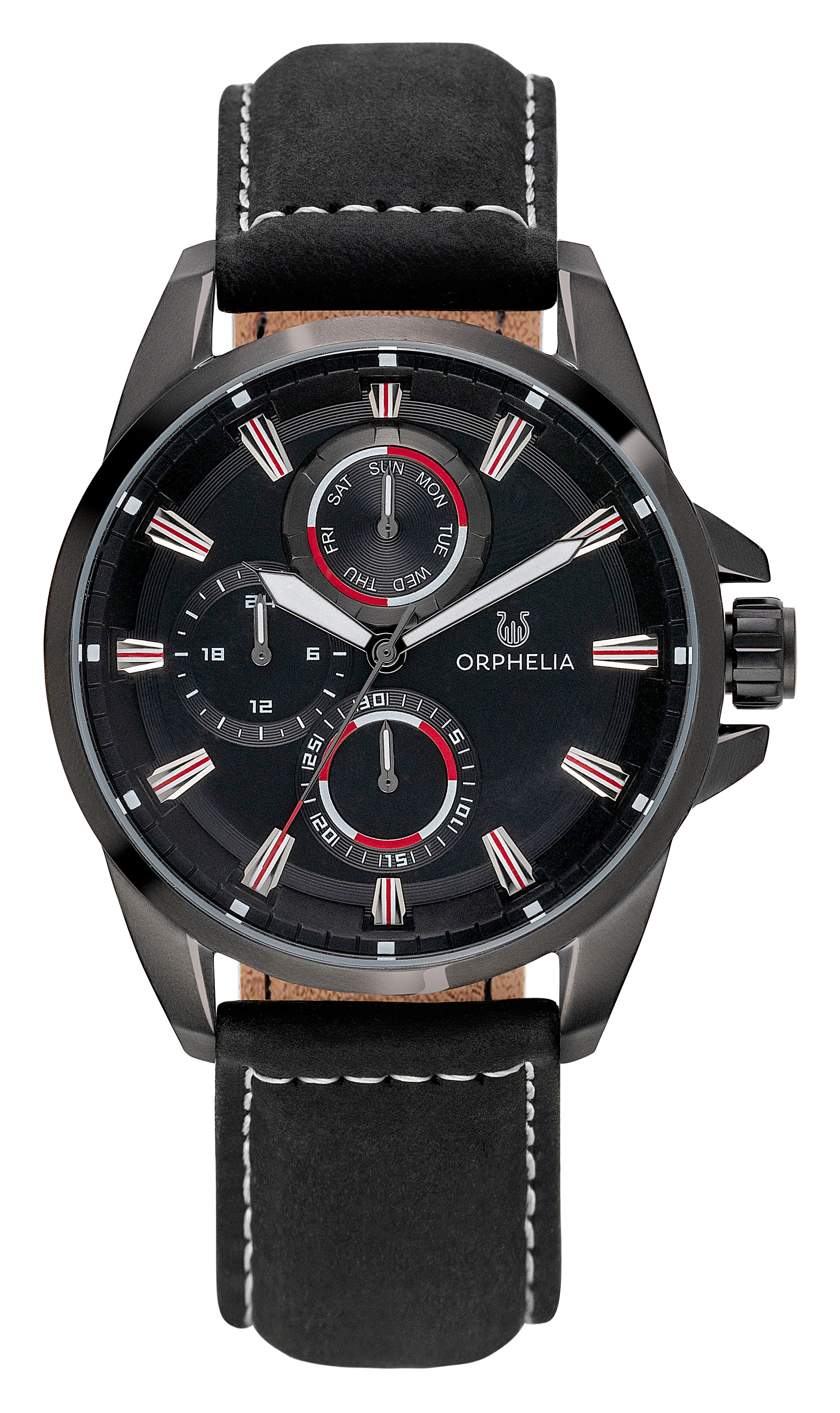 This Orphelia Eddington Multi Dial Watch for Men is the perfect timepiece to wear or to gift. It's Gun 44 mm Round case combined with the comfortable Black Genuine Leather watch band will ensure you enjoy this stunning timepiece without any compromise. Operated by a high quality Quartz movement and water resistant to 3 bars, your watch will keep ticking. SOPHISTICATED DESIGN: ORPHELIA Eddington Multi dial watch with a Miyota Quartz movement includes a Date and 24-hour display and has an expensive leather strap. This watch features Luminous Hands & Numerals. Wear this Special designed watch daily as a polished yet functional finish PREMIUM QUALITY: By using high-quality materials  Glass: Mineral Glass  Case material: Stainless steel  Bracelet material: Leather - Water resistant: 3 bars COMPACT SIZE: Case diameter: 44 mm  Height: 12 mm  Strap- Length: 22 cm  Width: 20 mm. Due to this practical handy size  the watch is absolutely for everyday use-Weight: 88 g