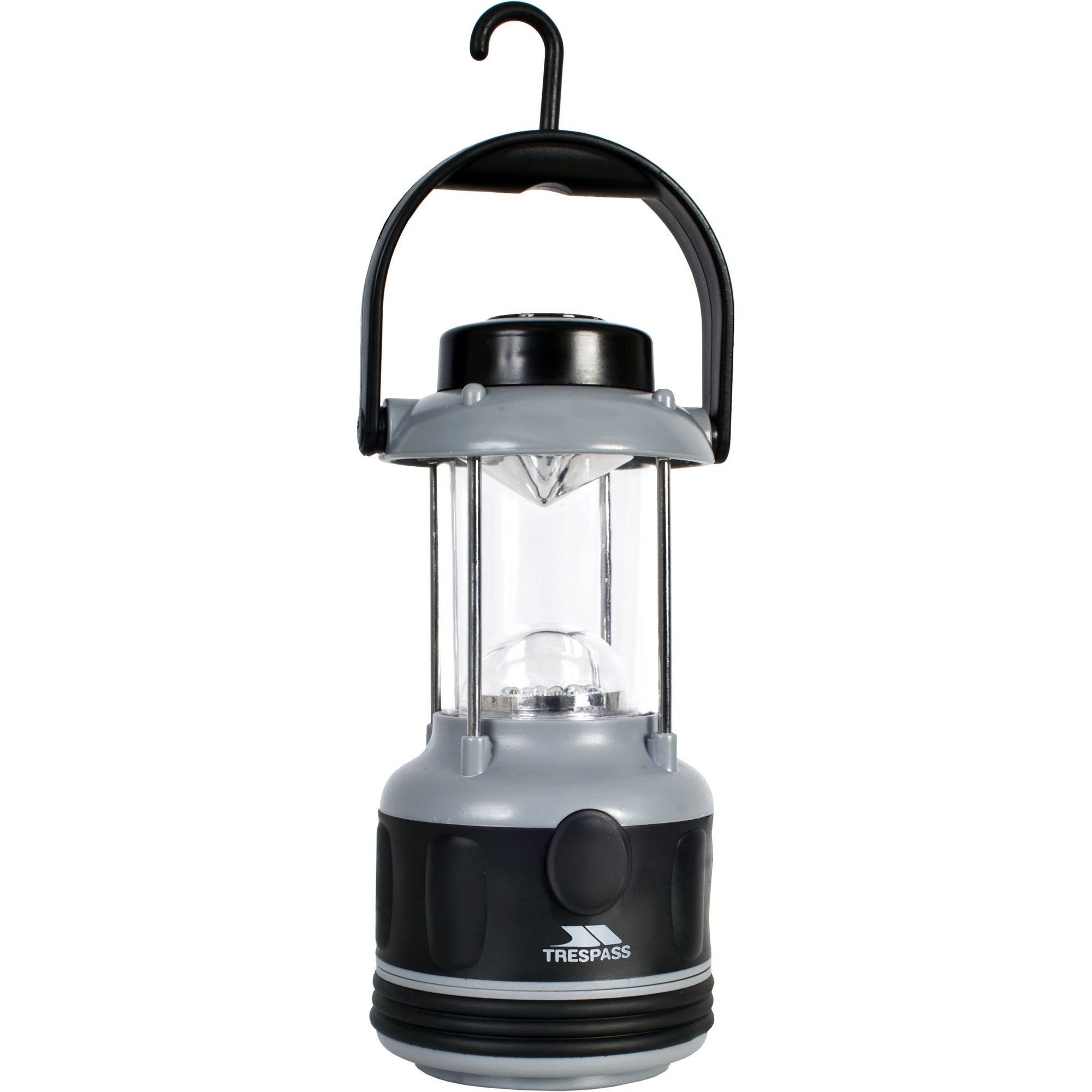 Travel lantern with 8 LEDs. Fold-away hang hook. Compass. Durable construction. Requires 4 x C Batteries.