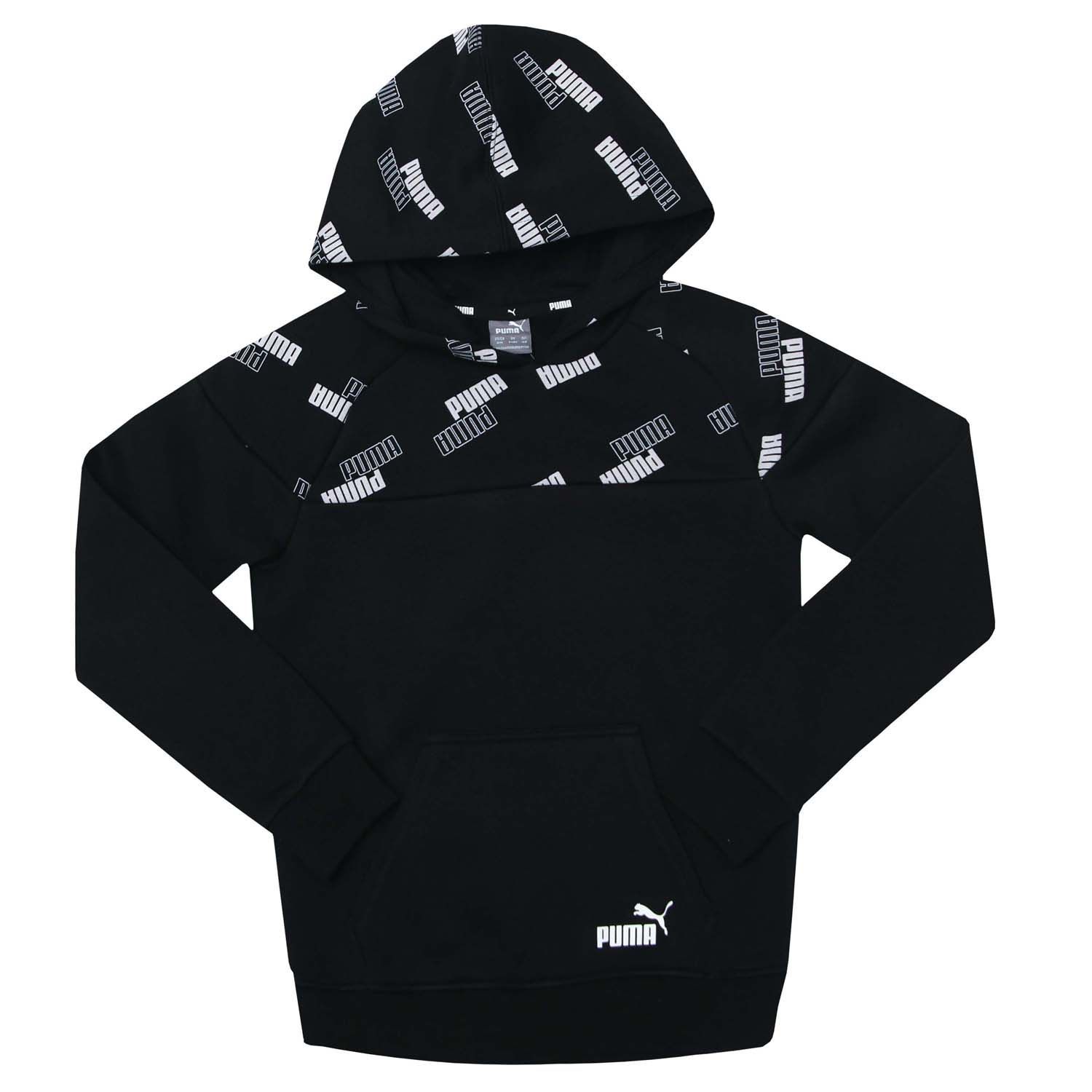 Junior Boys Puma Power Print Hoody in black.- Drawcord-adjustable hood.- Long sleeves with ribbed cuffs.- Large pouch pocket- Ribbed hem.- Distinctive logos.- Comfortable loose fit.- 67% Cotton  33% Polyester.  Machine washable. - Ref: 58930501E