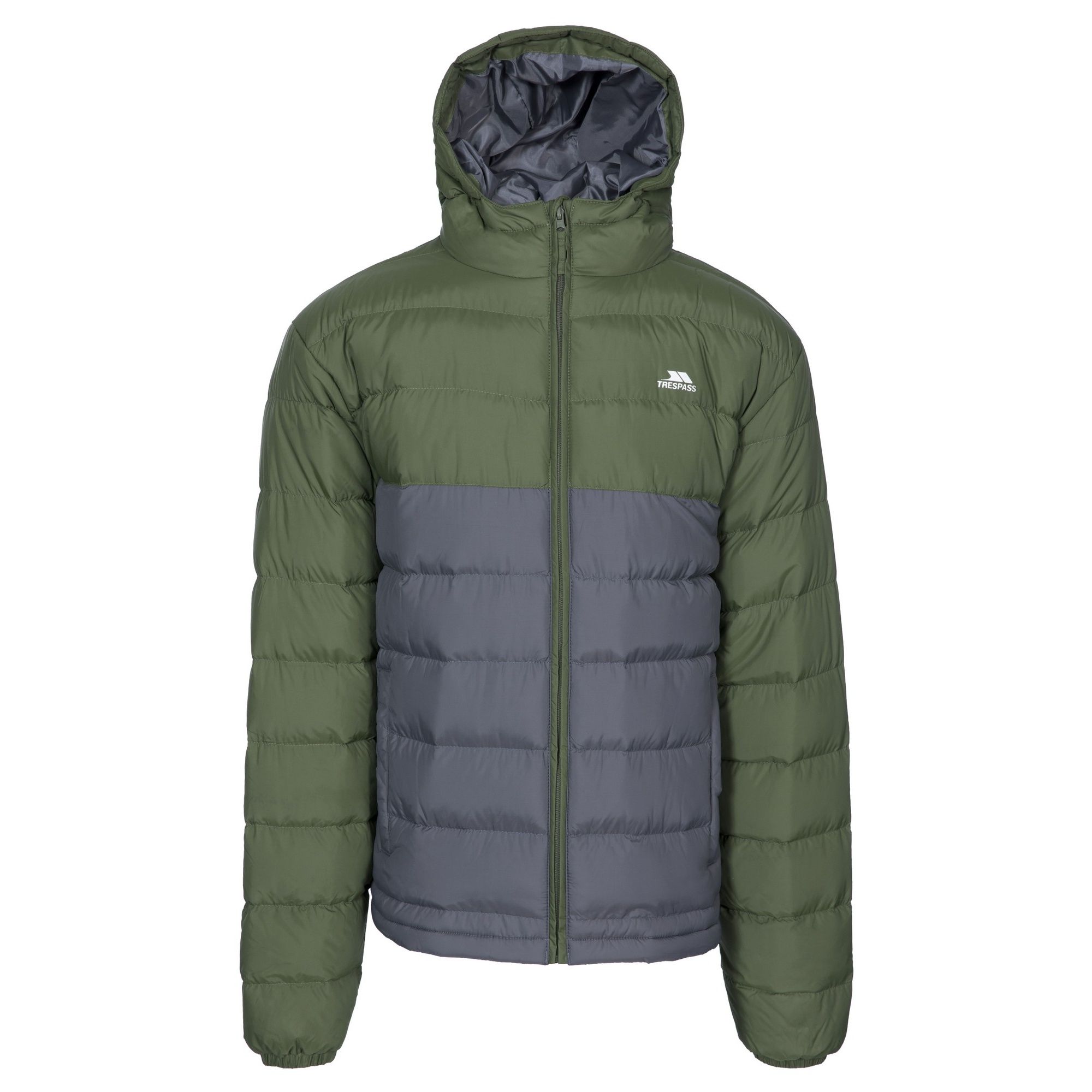 Kids quilted jacket. Grown on hood. 2 pockets. Contrast zip. Water and wind resistant. 100% polyester.