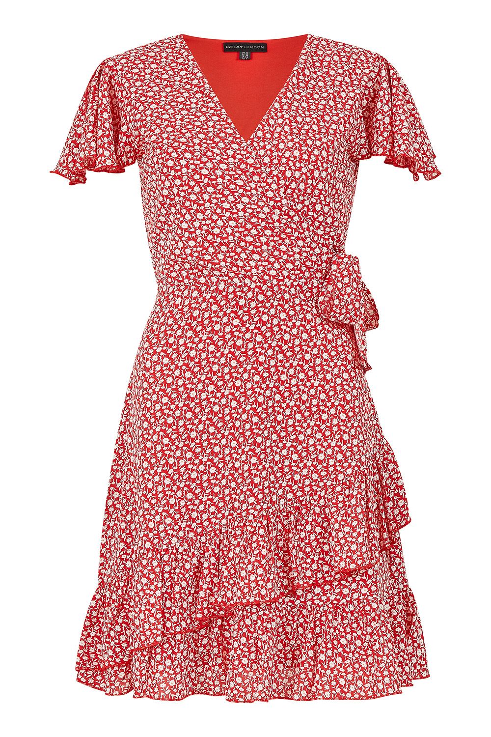 Mela Red Ditsy Daisy Wrap Effect Frill Dress