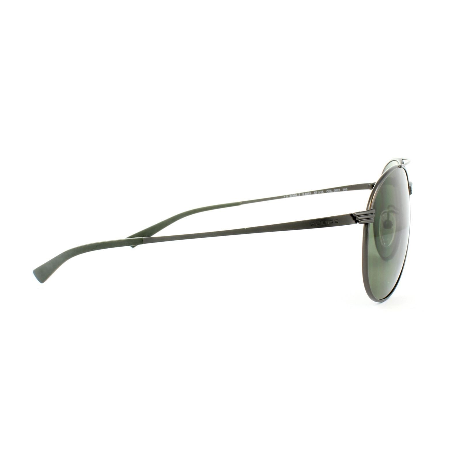 Police Sunglasses S8953 Rival 2 0627 Gunmetal Green are a slimmed down aviator style with a really round aviator lens from Police with cool grooved bride and temple detailing and prominent top brow bar. The frame is really lightweight and the adjustable nose pads will help make it fit and feel as comfortable as possible.