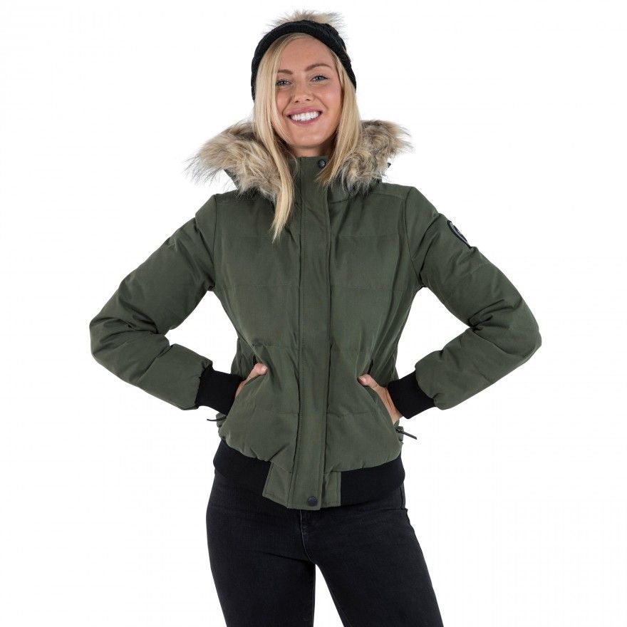 Womens jacket featuring hydrophobic down insulation. Detachable hood with zip off faux fur trim. 2 zipped lower pockets. Ribbed hem and cuffs. Waterproof to 10000mm. Breathable to 5000mvp. Windproof. Fabric composition - Shell: 75% cotton/ 25% polyamide TPU membrane, Lining: 100% polyester, Filling: 90% down/ 10% feather.