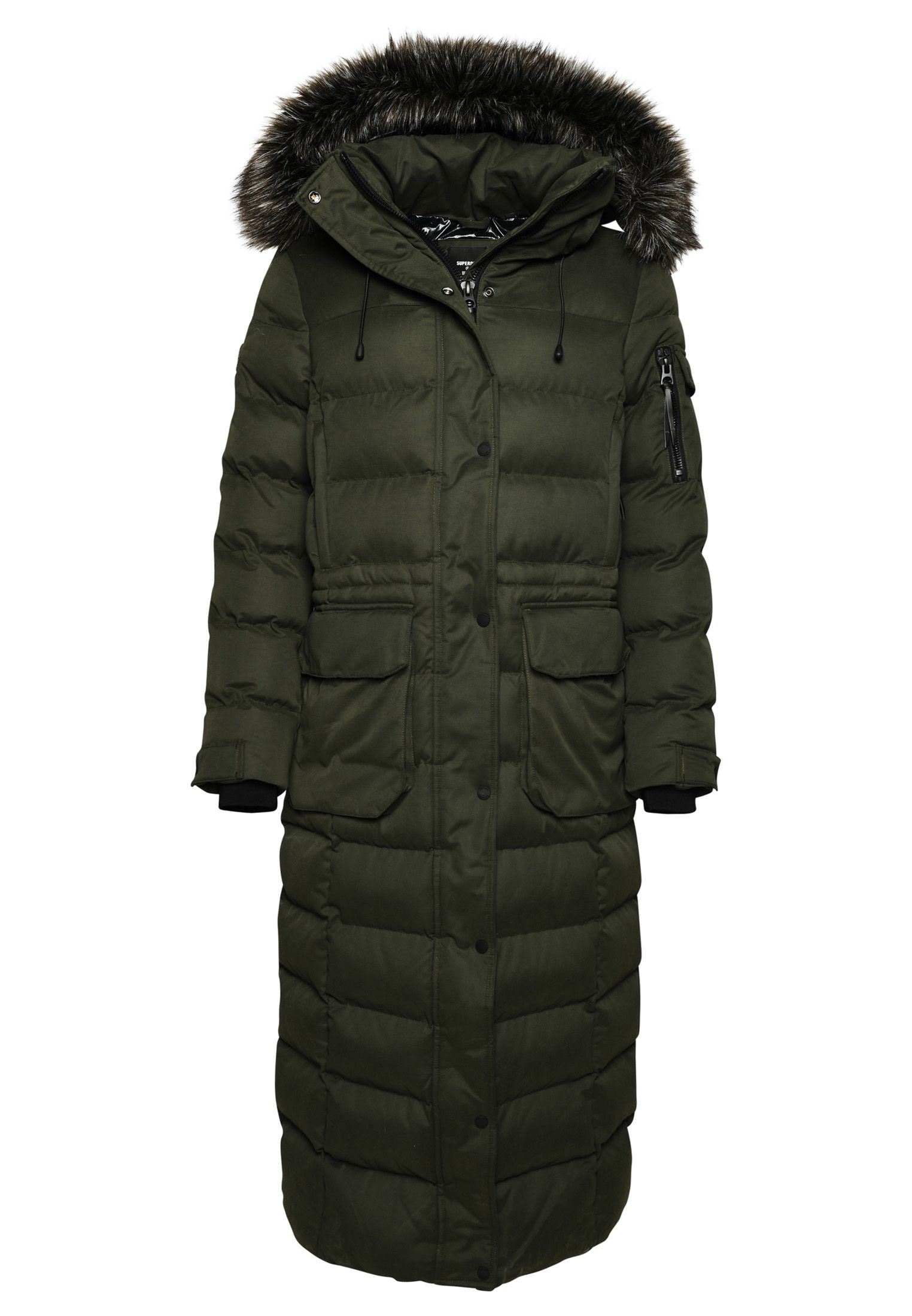 Warm up in style this winter with the Microfibre Expedition Longline Parka coat. Taking the classic parka design and making it longer and more luxurious has made this coat more distinctive, giving your winter wardrobe that added personal duvet lift. Casual, crafted and definitely functional, the Expedition longline parka will be the one you turn to.Relaxed fit – the classic Superdry fit. Not too slim, not too loose, just right. Go for your normal sizeUK10 shoulder to hem: 125cmLong-line quilted designRemovable hoodDetachable faux fur hood trimAdjustable hoodDrawstring hoodBungee cord hemTwo-way zip and popper fasteningFour-pocket designPopper cuffs with ribbed insertsTwo sleeve pocketsSignature logo badgeFully linedBungee cord waist adjusterInner mesh pocketInner zipped pocketThe padding in this jacket is 100% recycled, each jacket contains up to 30 recycled bottles, this avoids these bottles being sent to landfill or polluting our oceans.